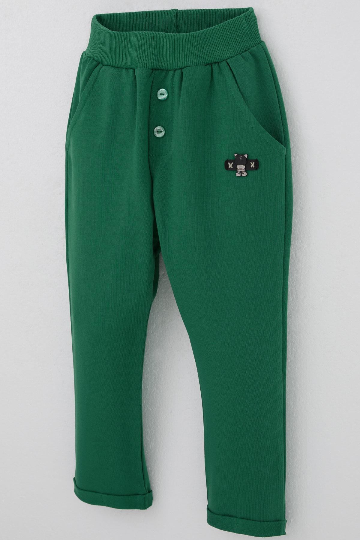 Breeze Erkek Bebek Eşofman Altı Ayıcık Armalı Düğme Aksesuarlı Koyu Yeşil (9 Ay-3 Yaş)