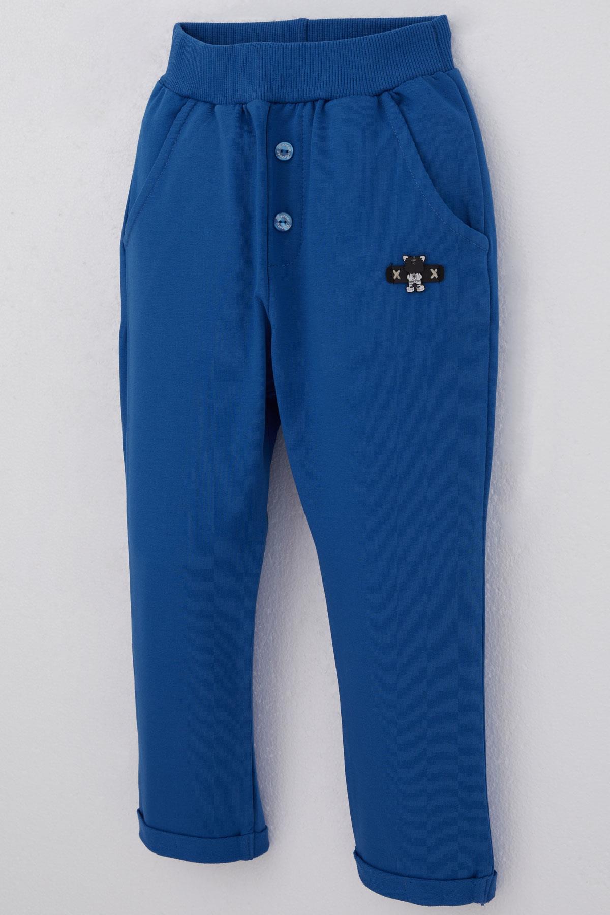 Breeze Erkek Bebek Eşofman Altı Ayıcık Armalı Düğme Aksesuarlı Saks Mavisi (9 Ay-3 Yaş)