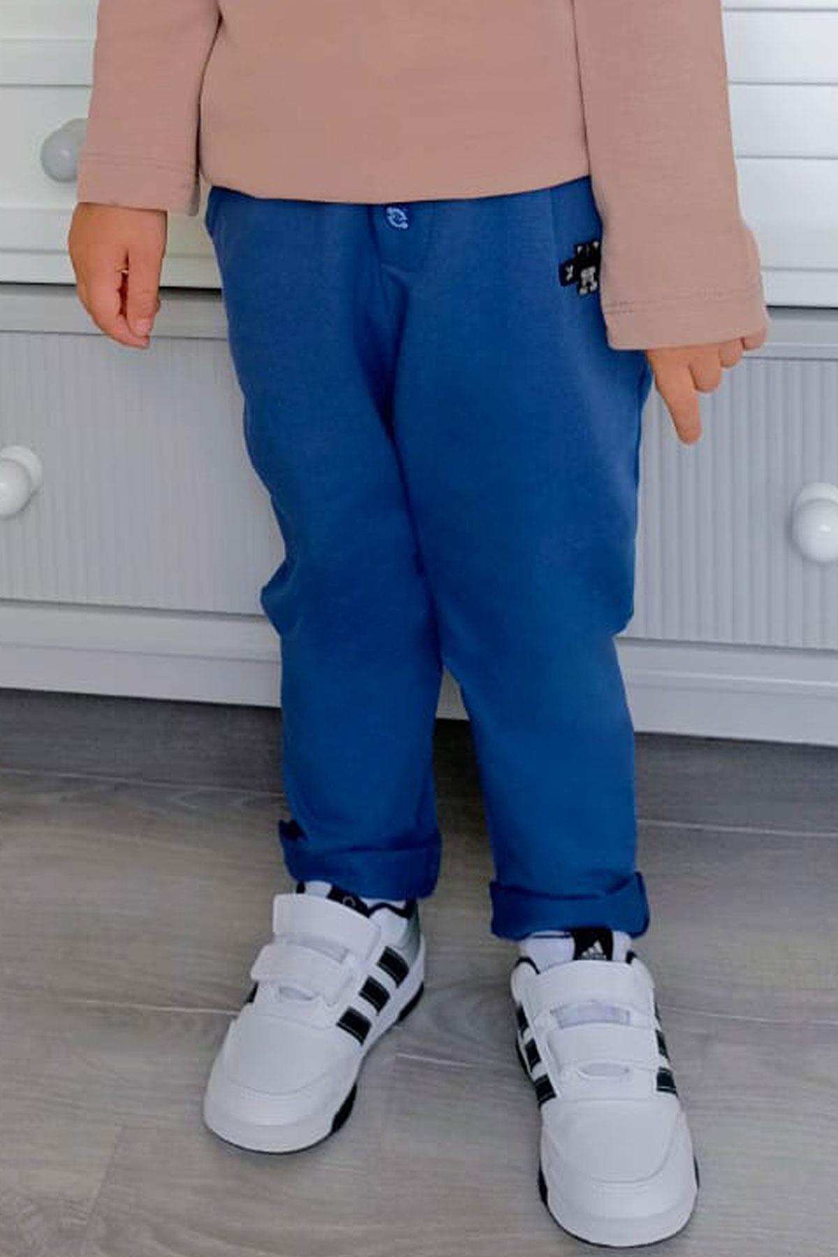 Breeze Erkek Bebek Eşofman Altı Ayıcık Armalı Düğme Aksesuarlı Saks Mavisi (9 Ay-3 Yaş)