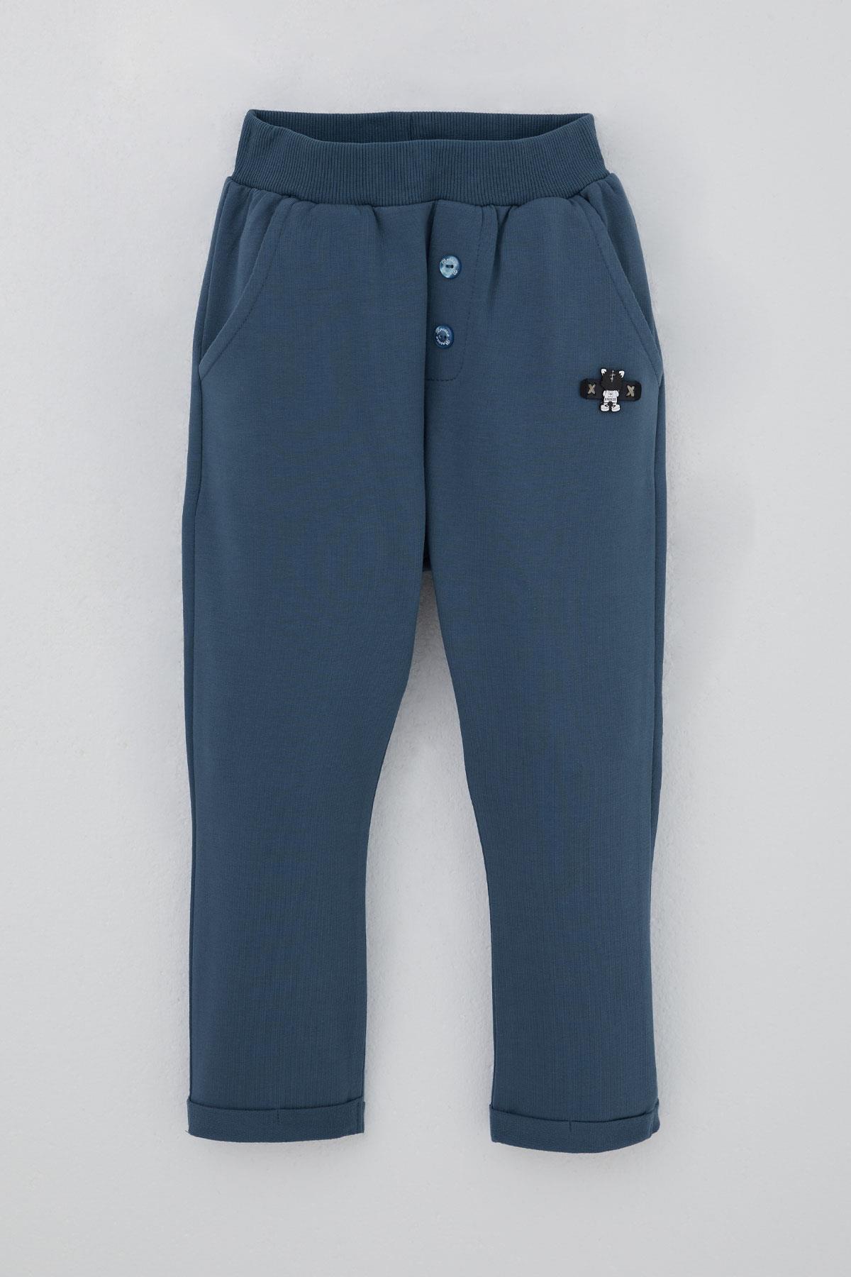 Breeze Erkek Bebek Eşofman Altı Ayıcık Armalı Düğme Aksesuarlı İndigo (9 Ay-3 Yaş)