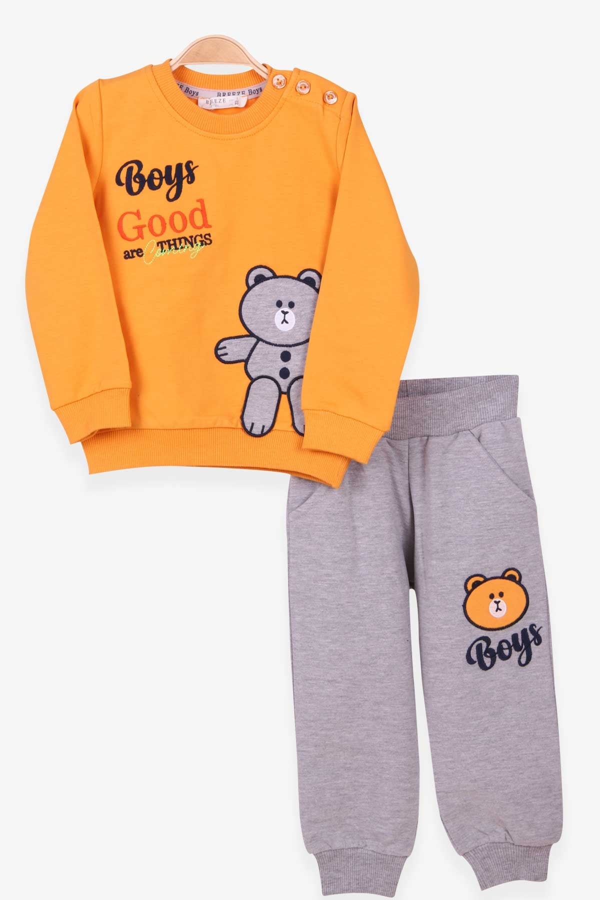 Breeze Erkek Bebek Eşofman Takım Ayı Nakışlı Hardal Sarı (9 Ay-3 Yaş)