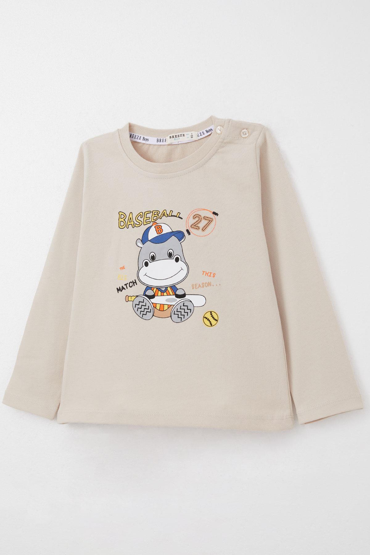 Breeze Erkek Bebek Eşofman Takım Baseball Oyuncusu Sevimli Hayvancık Baskılı Bej (9 Ay-2 Yaş)