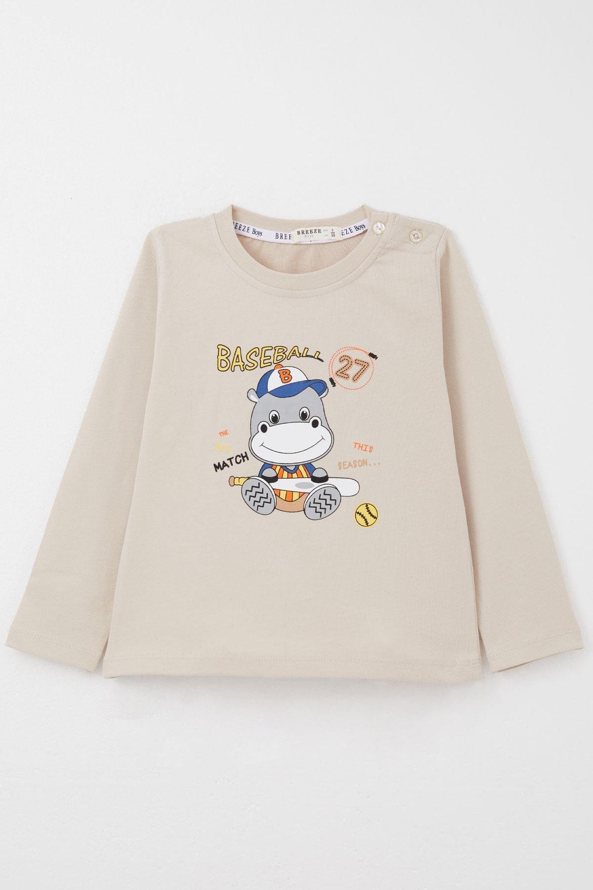 Breeze Erkek Bebek Eşofman Takım Baseball Oyuncusu Sevimli Hayvancık Baskılı Bej (9 Ay-2 Yaş)