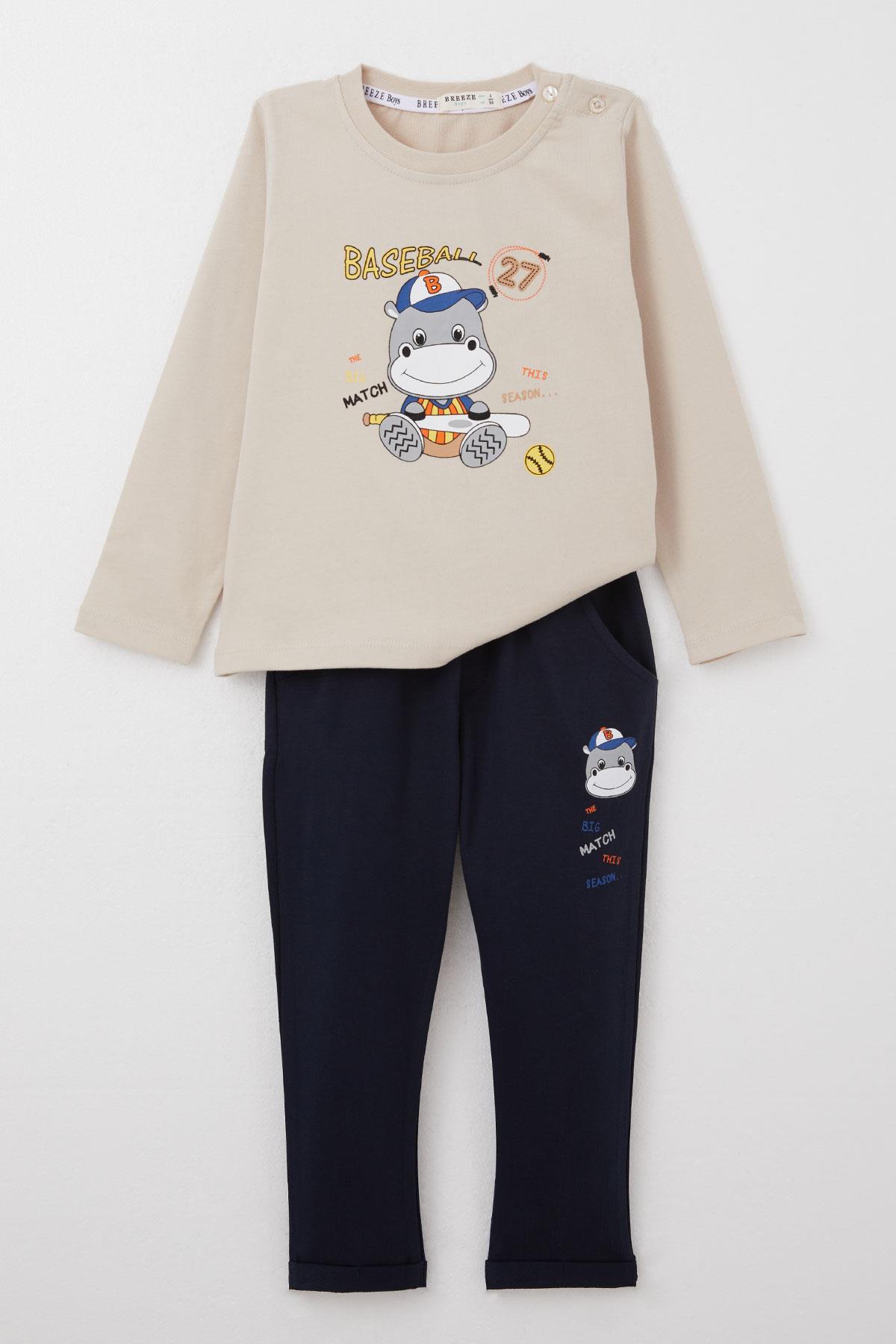Breeze Erkek Bebek Eşofman Takım Baseball Oyuncusu Sevimli Hayvancık Baskılı Bej (9 Ay-2 Yaş)