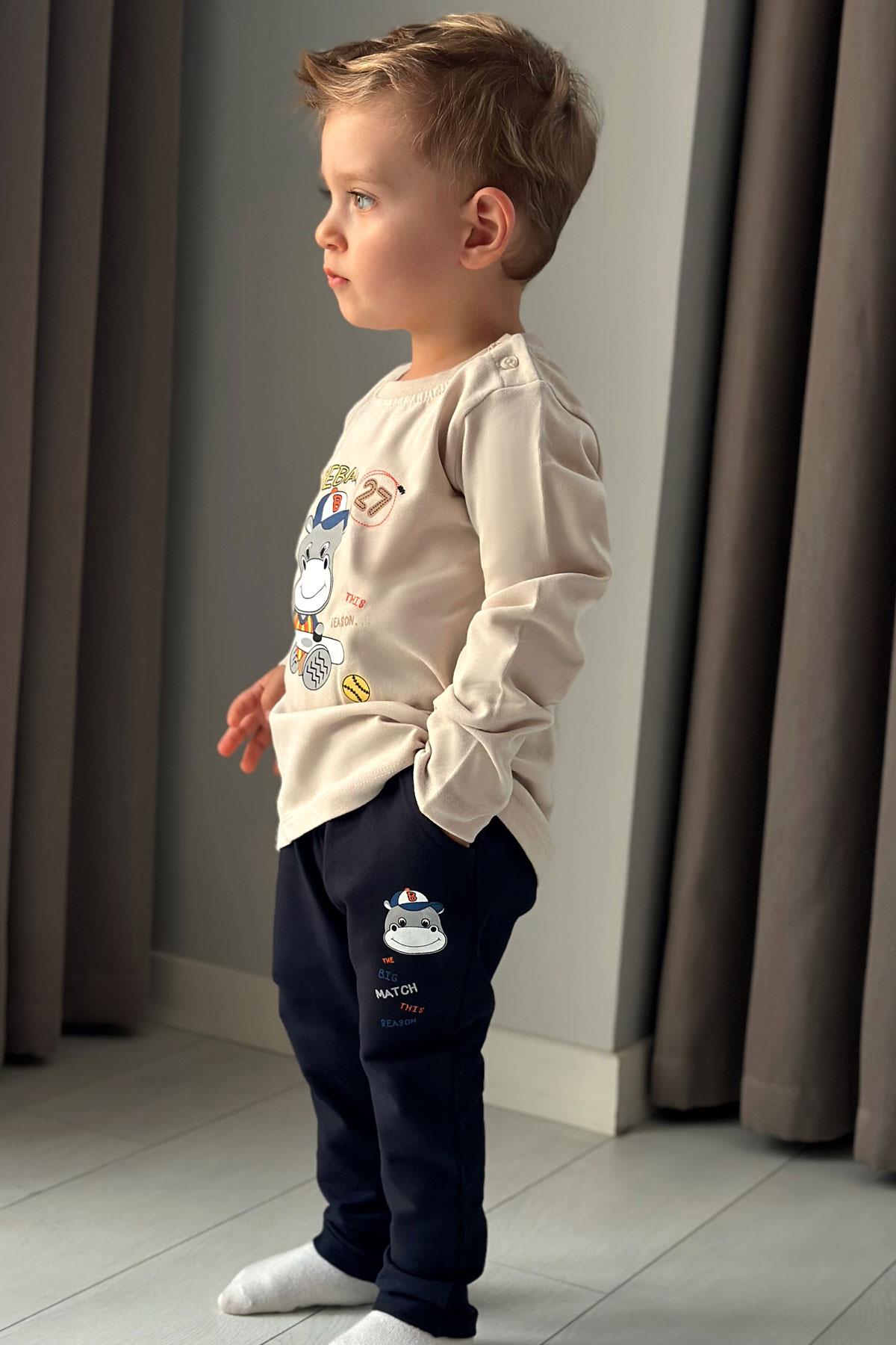 Breeze Erkek Bebek Eşofman Takım Baseball Oyuncusu Sevimli Hayvancık Baskılı Bej (9 Ay-2 Yaş)