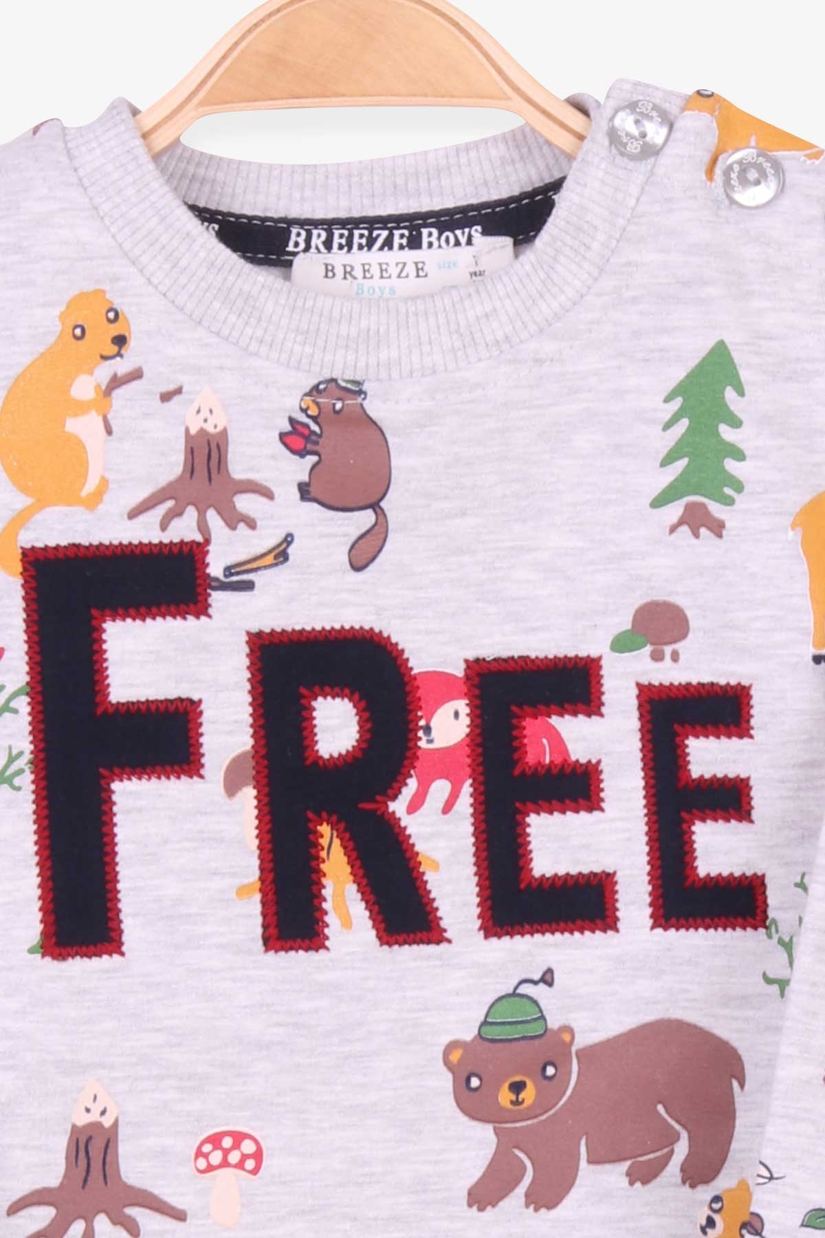 Breeze Erkek Bebek Eşofman Takım Hayvan Desenli Gri Melanj (9 Ay-3 Yaş)