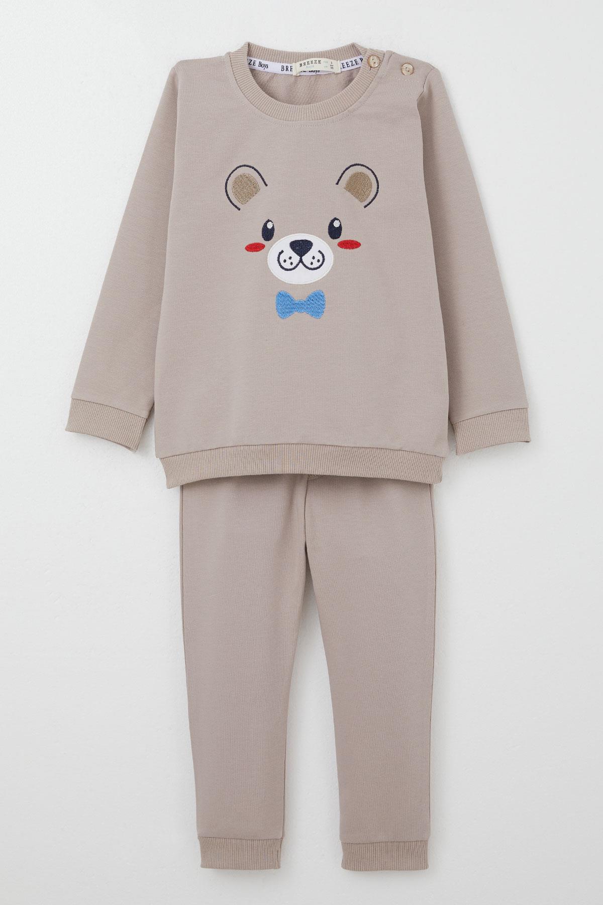 Breeze Erkek Bebek Eşofman Takım Mutlu Köpekçik Nakışlı Vizon (9 Ay-3 Yaş)