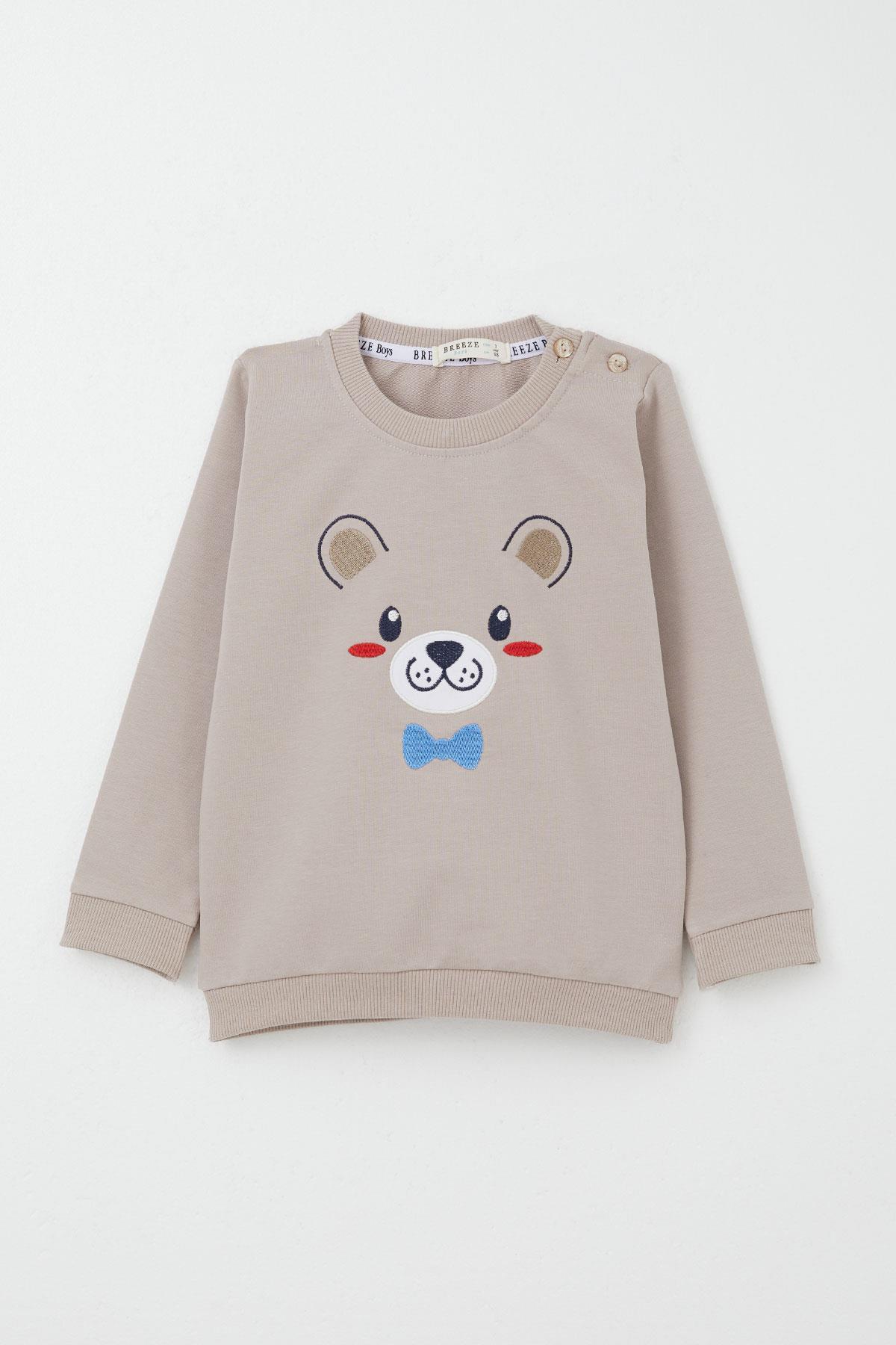 Breeze Erkek Bebek Eşofman Takım Mutlu Köpekçik Nakışlı Vizon (9 Ay-3 Yaş)