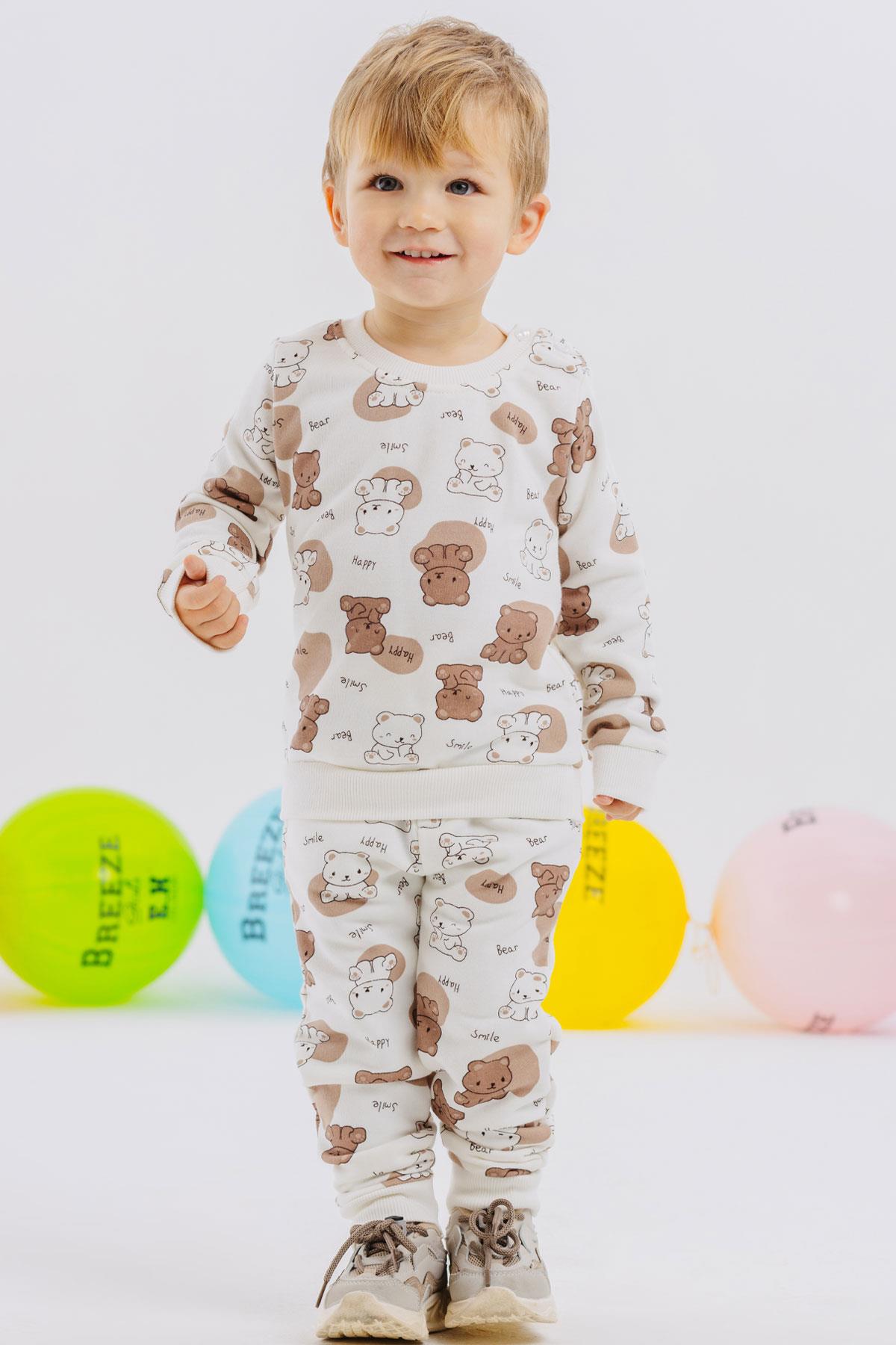 Breeze Erkek Bebek Eşofman Takım Sevimli Bebek Ayıcık Desenli Ekru (6 Ay-2 Yaş)