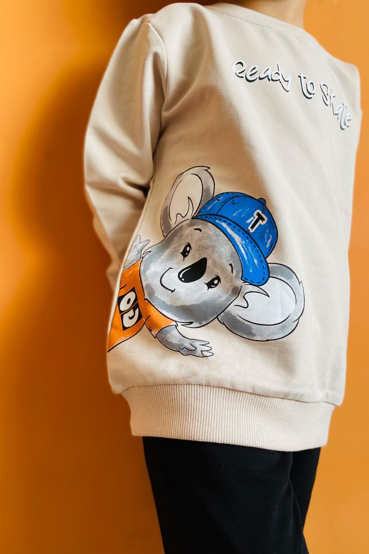 Breeze Erkek Bebek Eşofman Takım Sevimli Kaykaycı Koala Baskılı Bej (2 Yaş)