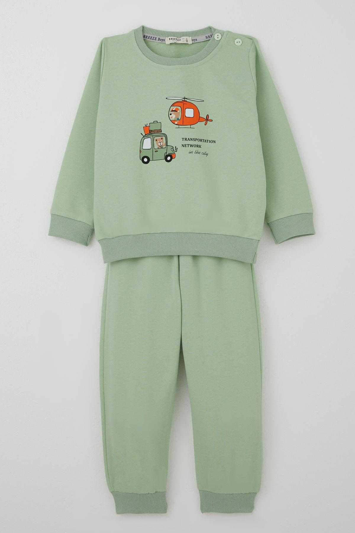 Breeze Erkek Bebek Eşofman Takımı Arabalı & Helikopterli Sevimli Ayıcık Fıstık Yeşili (6 Ay-2 Yaş)