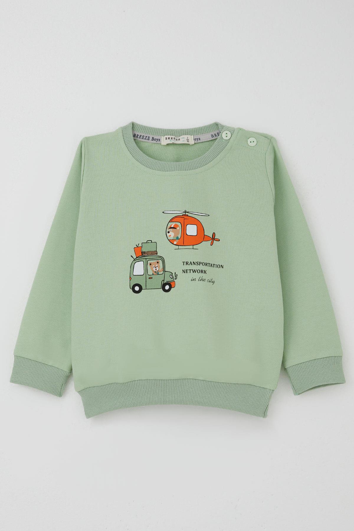 Breeze Erkek Bebek Eşofman Takımı Arabalı & Helikopterli Sevimli Ayıcık Fıstık Yeşili (6 Ay-2 Yaş)