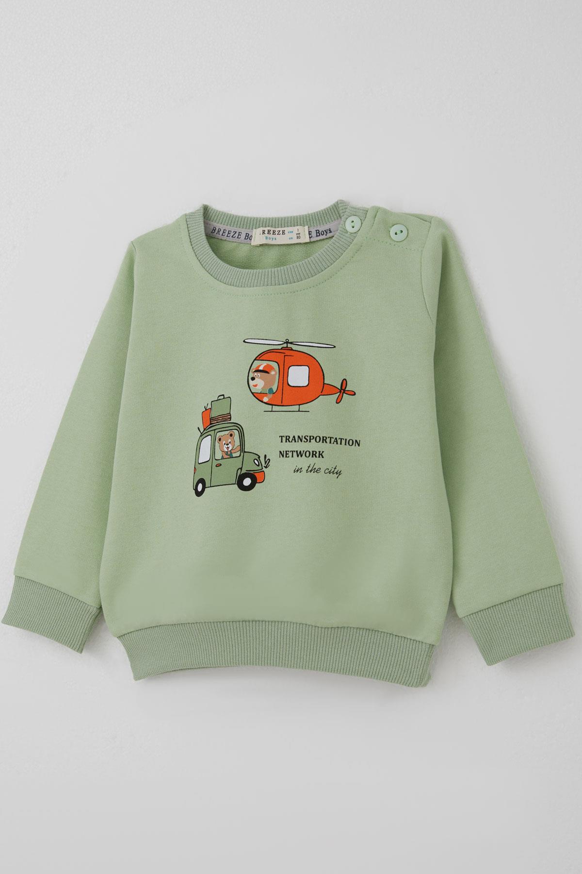 Breeze Erkek Bebek Eşofman Takımı Arabalı & Helikopterli Sevimli Ayıcık Fıstık Yeşili (6 Ay-2 Yaş)