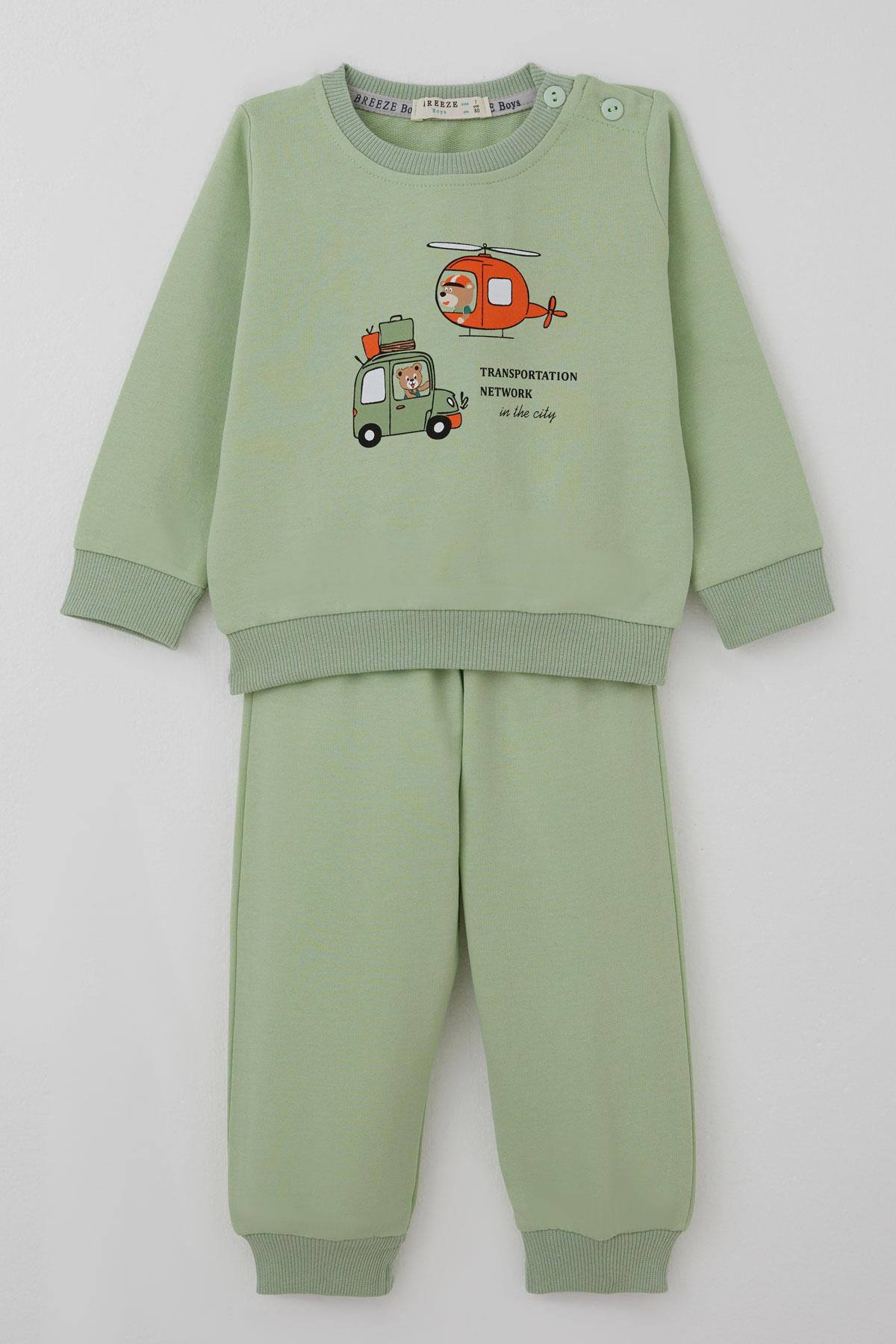 Breeze Erkek Bebek Eşofman Takımı Arabalı & Helikopterli Sevimli Ayıcık Fıstık Yeşili (6 Ay-2 Yaş)