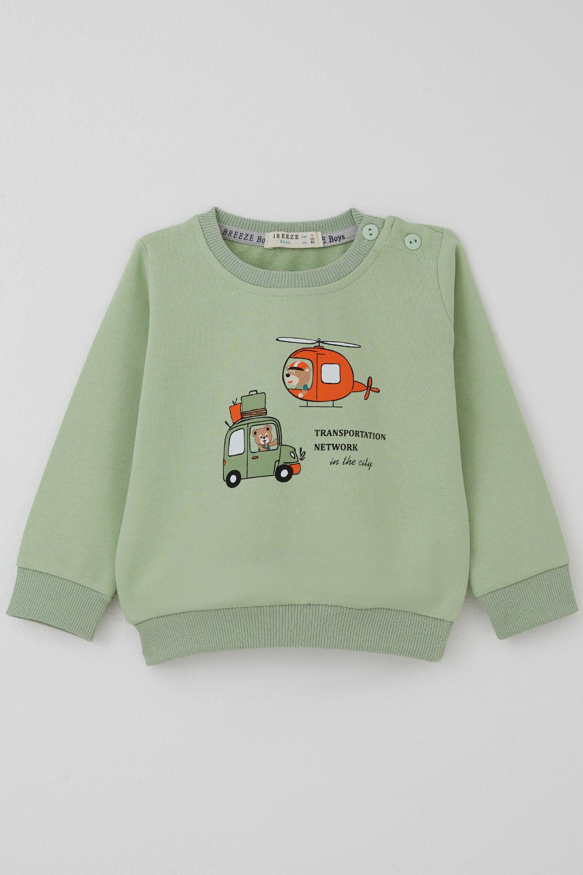 Breeze Erkek Bebek Eşofman Takımı Arabalı & Helikopterli Sevimli Ayıcık Fıstık Yeşili (6 Ay-2 Yaş)