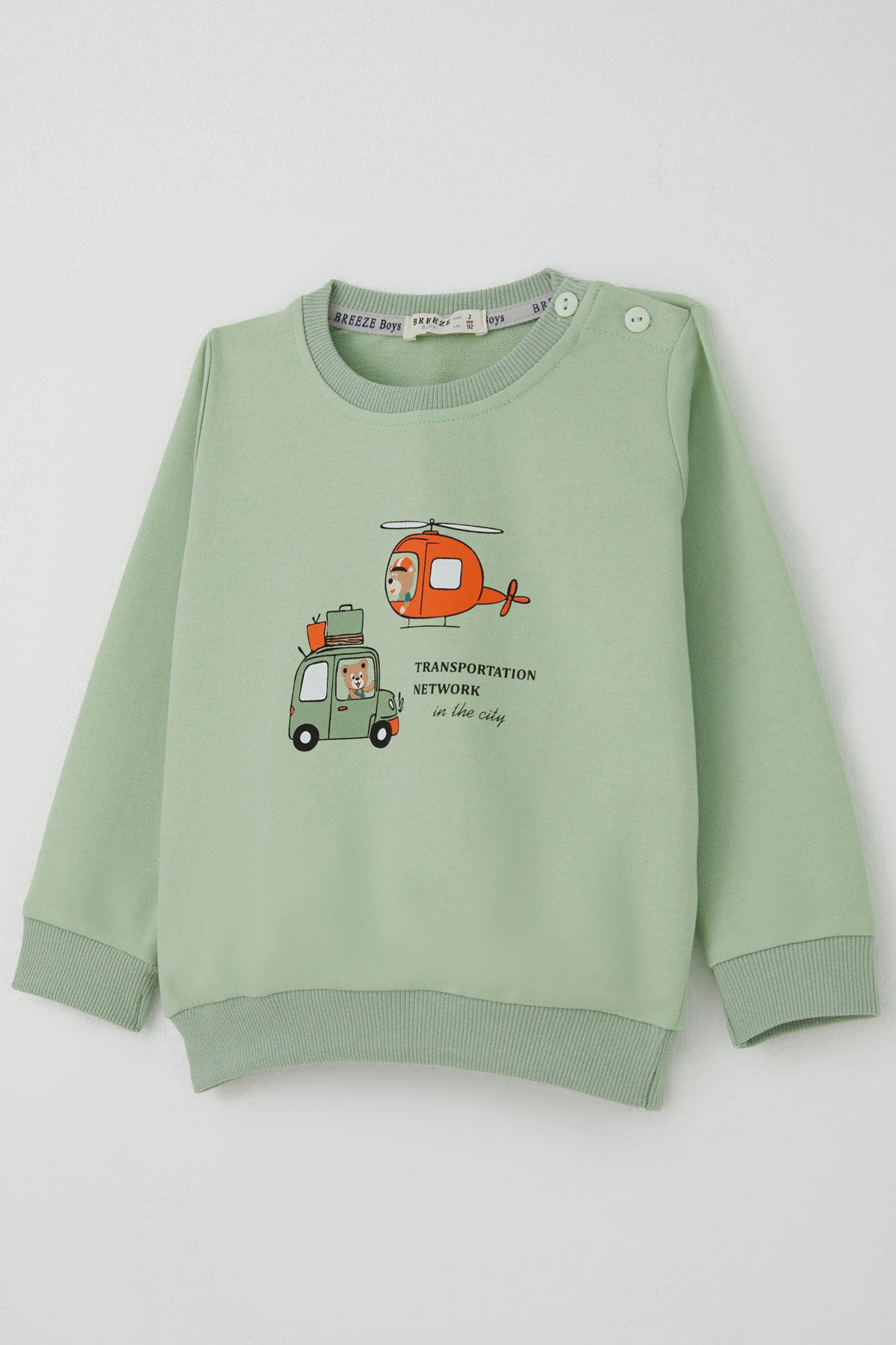 Breeze Erkek Bebek Eşofman Takımı Arabalı & Helikopterli Sevimli Ayıcık Fıstık Yeşili (6 Ay-2 Yaş)