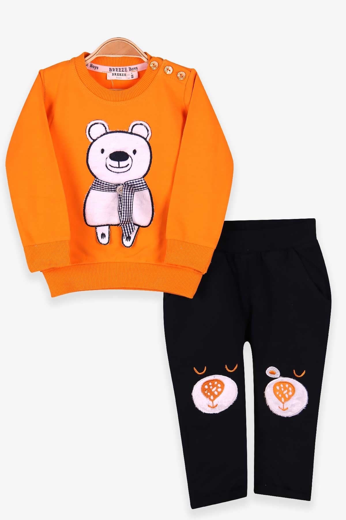 Breeze Erkek Bebek Eşofman Takımı Atkılı Ayıcık Nakışlı Hardal Sarı (9 Ay-3 Yaş)