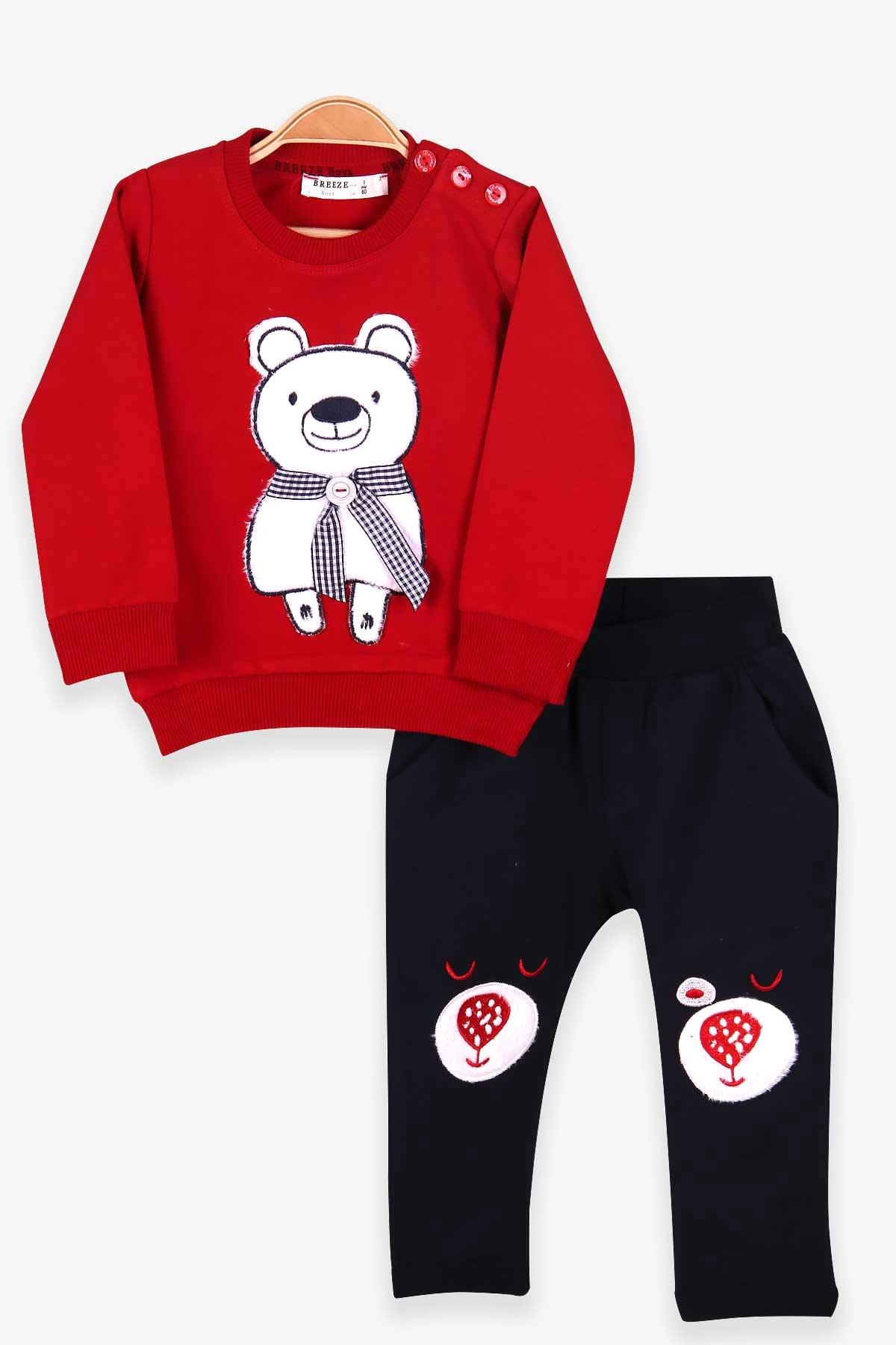 Breeze Erkek Bebek Eşofman Takımı Atkılı Ayıcık Nakışlı Kırmızı (9 Ay-2 Yaş)