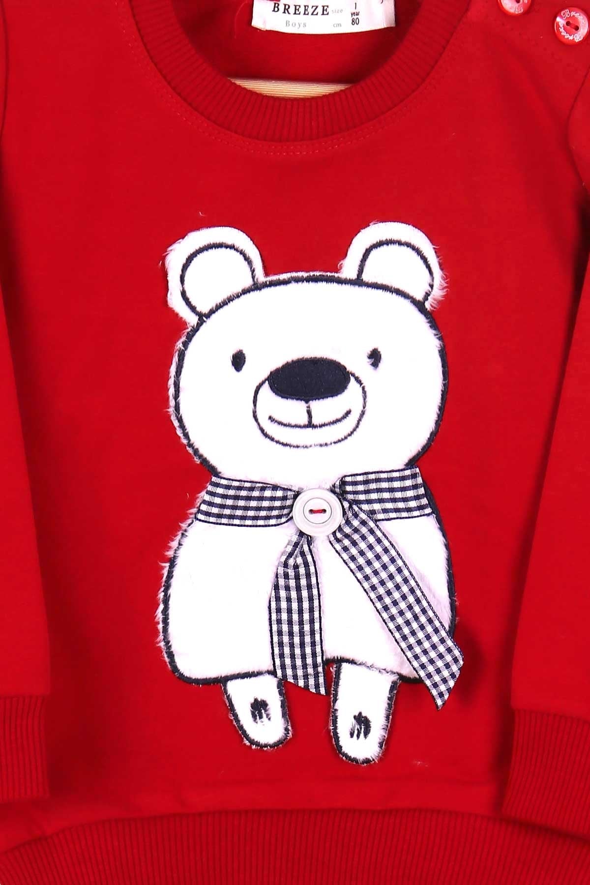 Breeze Erkek Bebek Eşofman Takımı Atkılı Ayıcık Nakışlı Kırmızı (9 Ay-2 Yaş)
