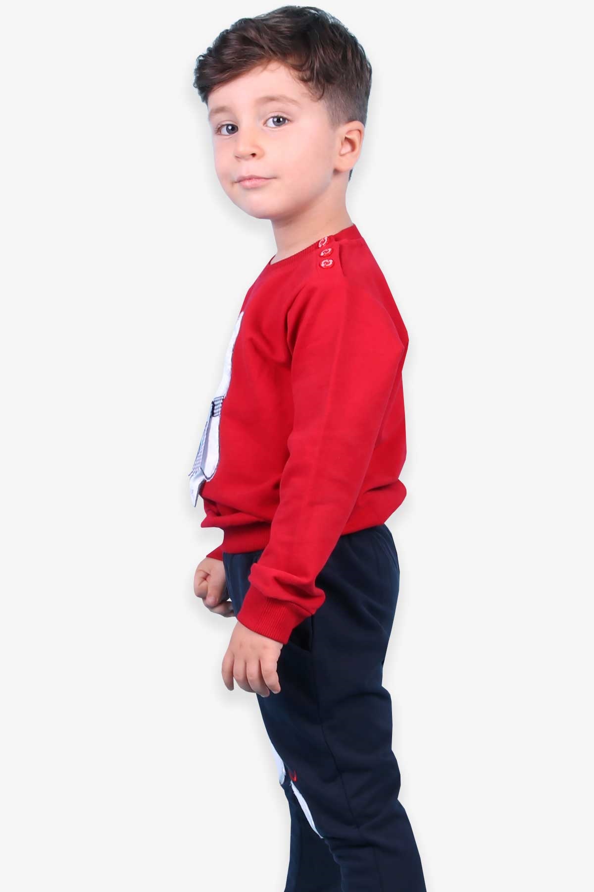 Breeze Erkek Bebek Eşofman Takımı Atkılı Ayıcık Nakışlı Kırmızı (9 Ay-2 Yaş)