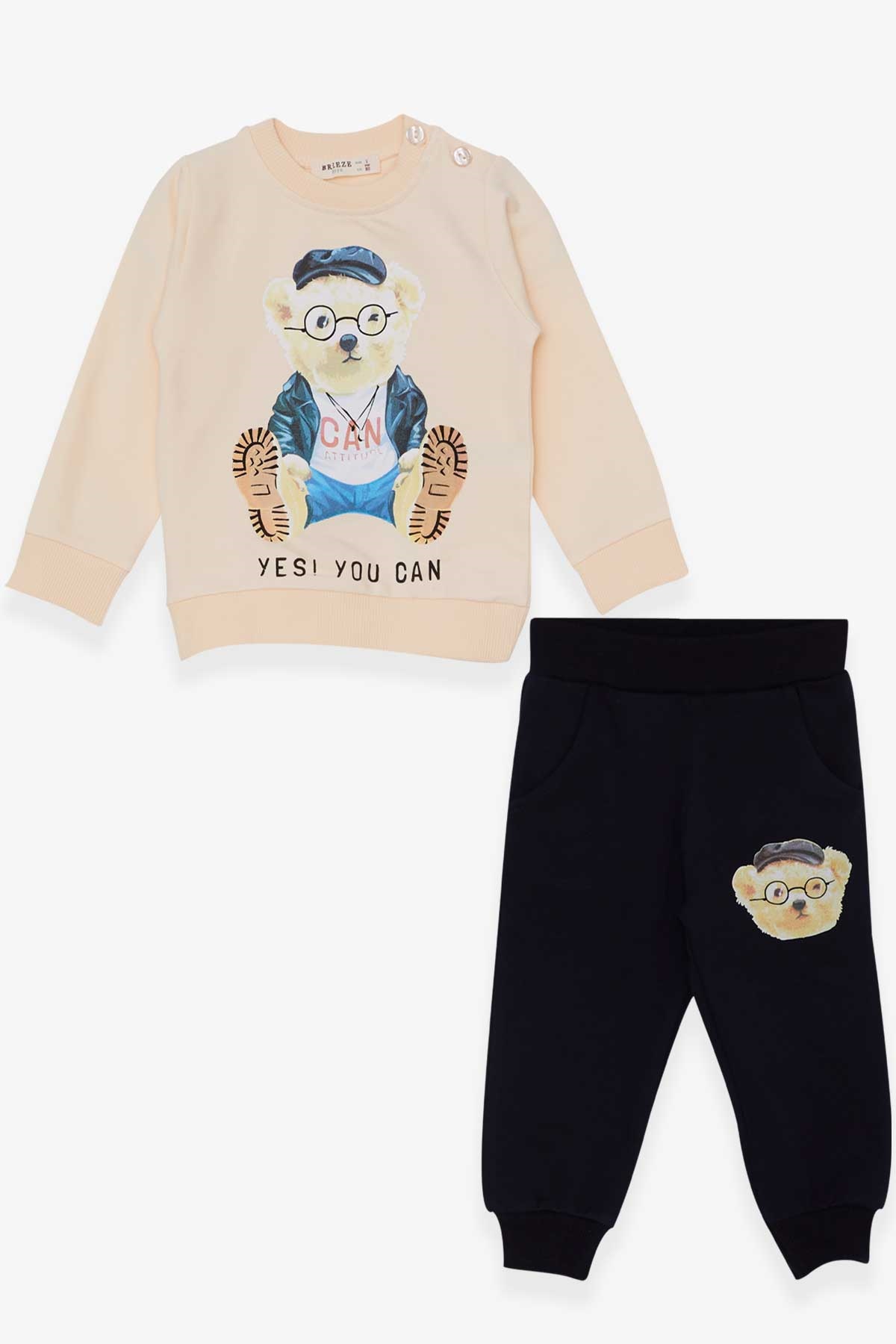 Breeze Erkek Bebek Eşofman Takımı Ayıcık Baskılı Krem (9 Ay-3 Yaş)