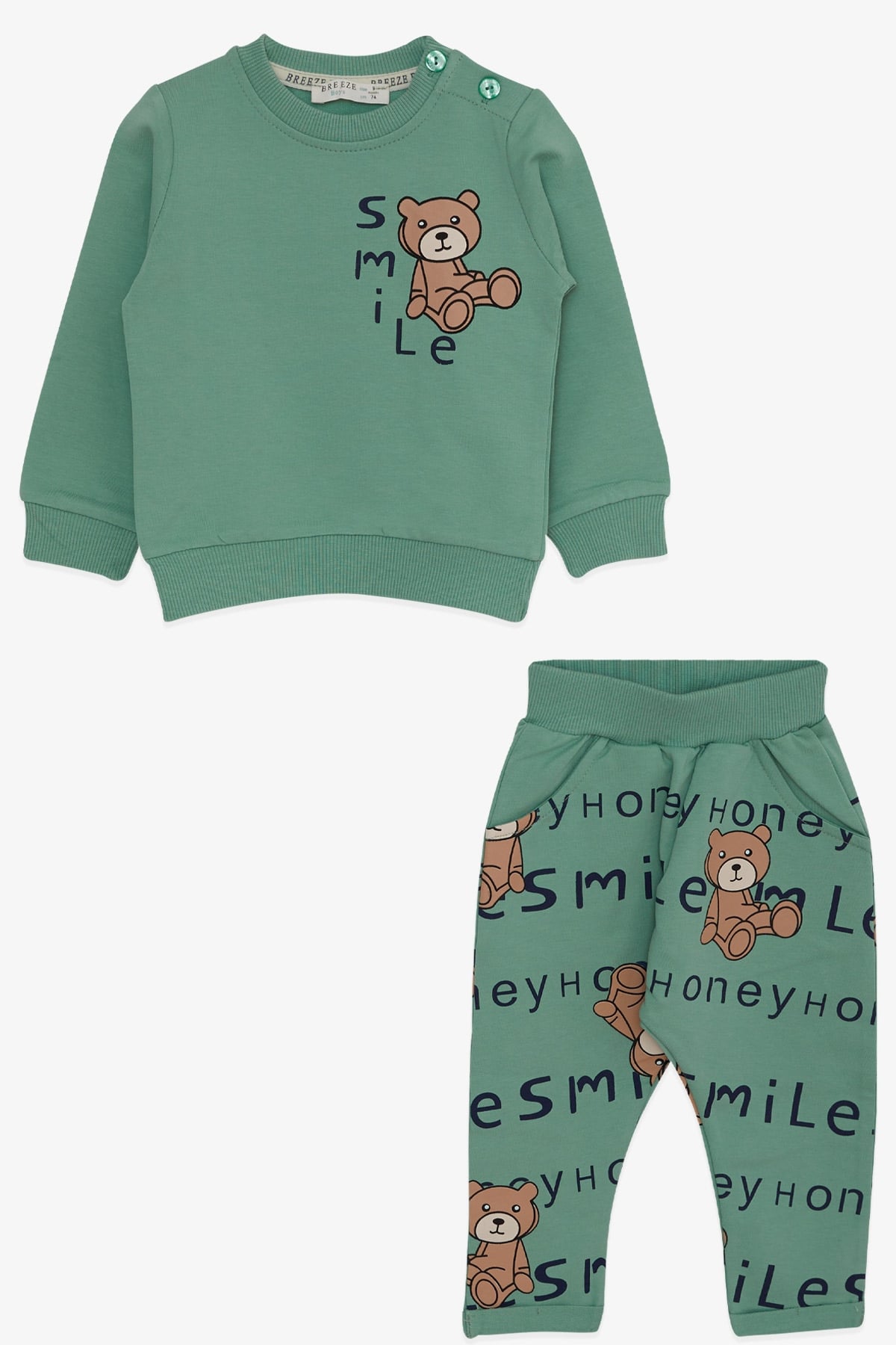 Breeze Erkek Bebek Eşofman Takımı Ayıcık Baskılı Mint Yeşili (9 Ay-3 Yaş)