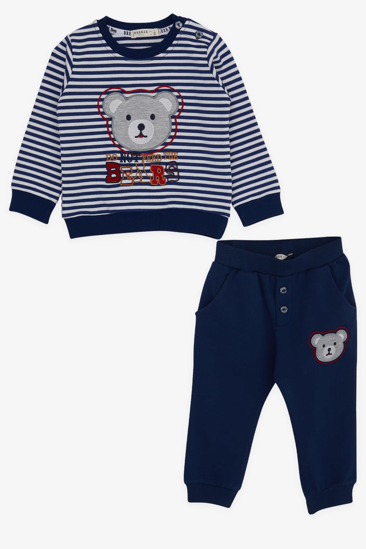Breeze Erkek Bebek Eşofman Takımı Ayıcık Nakışlı Yazı Baskılı Lacivert (9 Ay-3 Yaş)