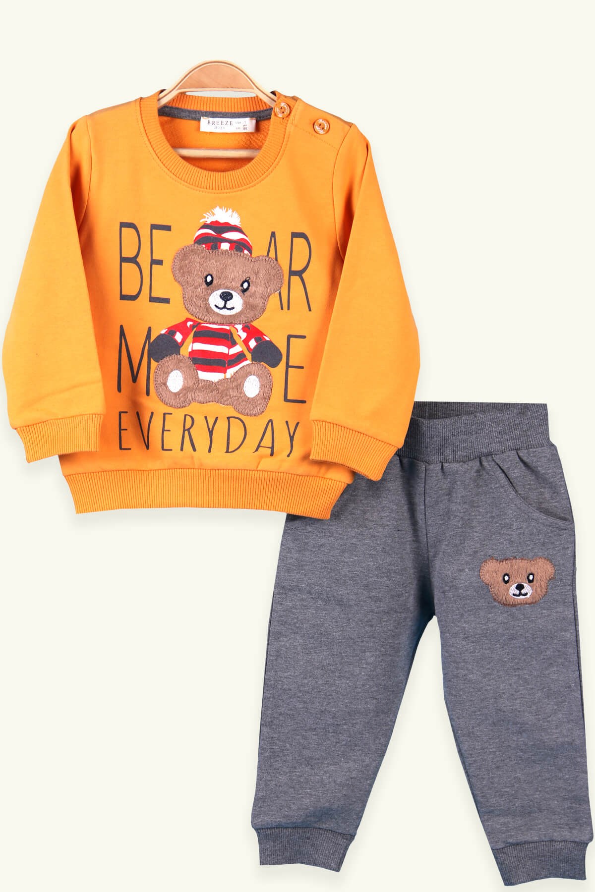 Breeze Erkek Bebek Eşofman Takımı Ayıcıklı Sarı-Gri (6-18 Ay)