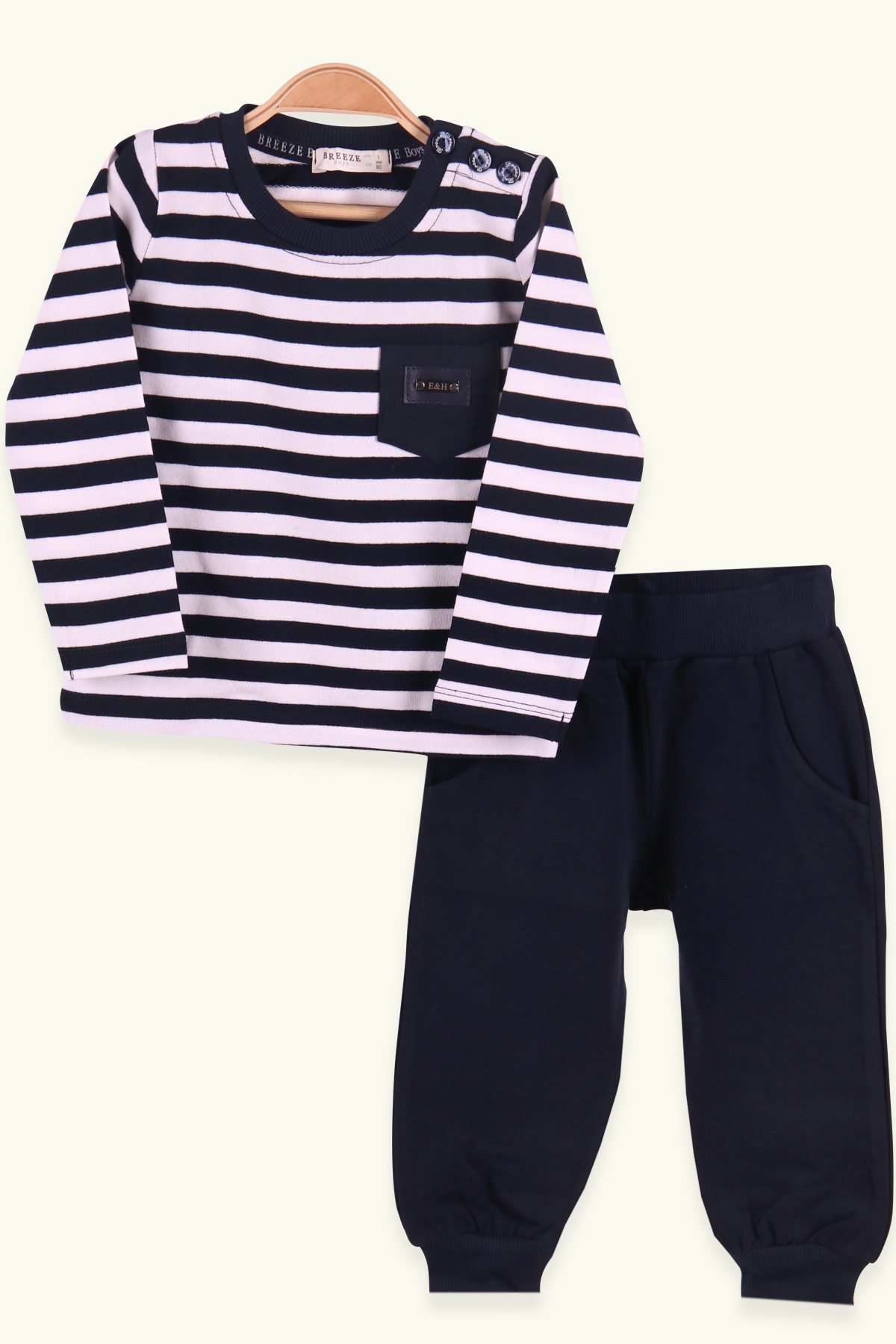 Breeze Erkek Bebek Eşofman Takımı Cepli Çizgili Lacivert (9 Ay-3 Yaş)