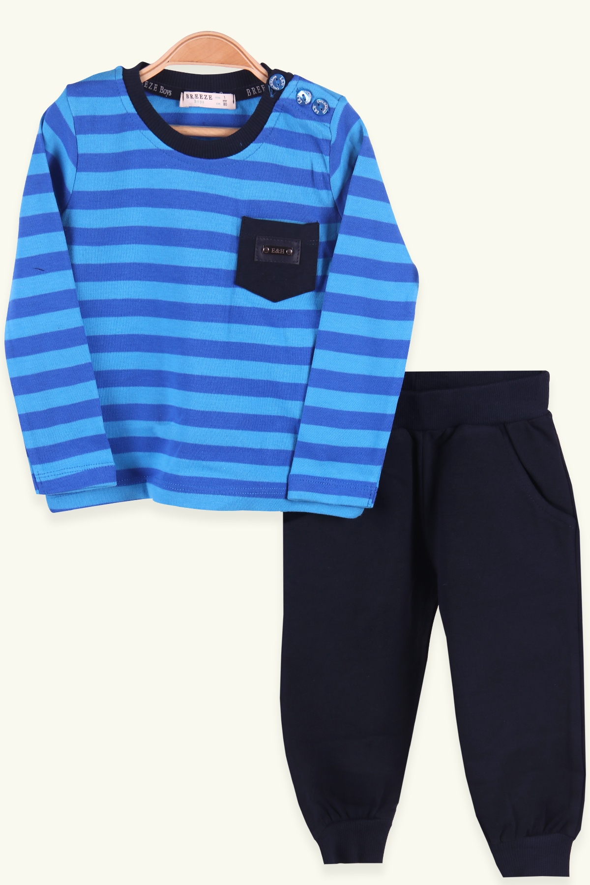 Breeze Erkek Bebek Eşofman Takımı Cepli Çizgili Mavi (9 Ay-3 Yaş)