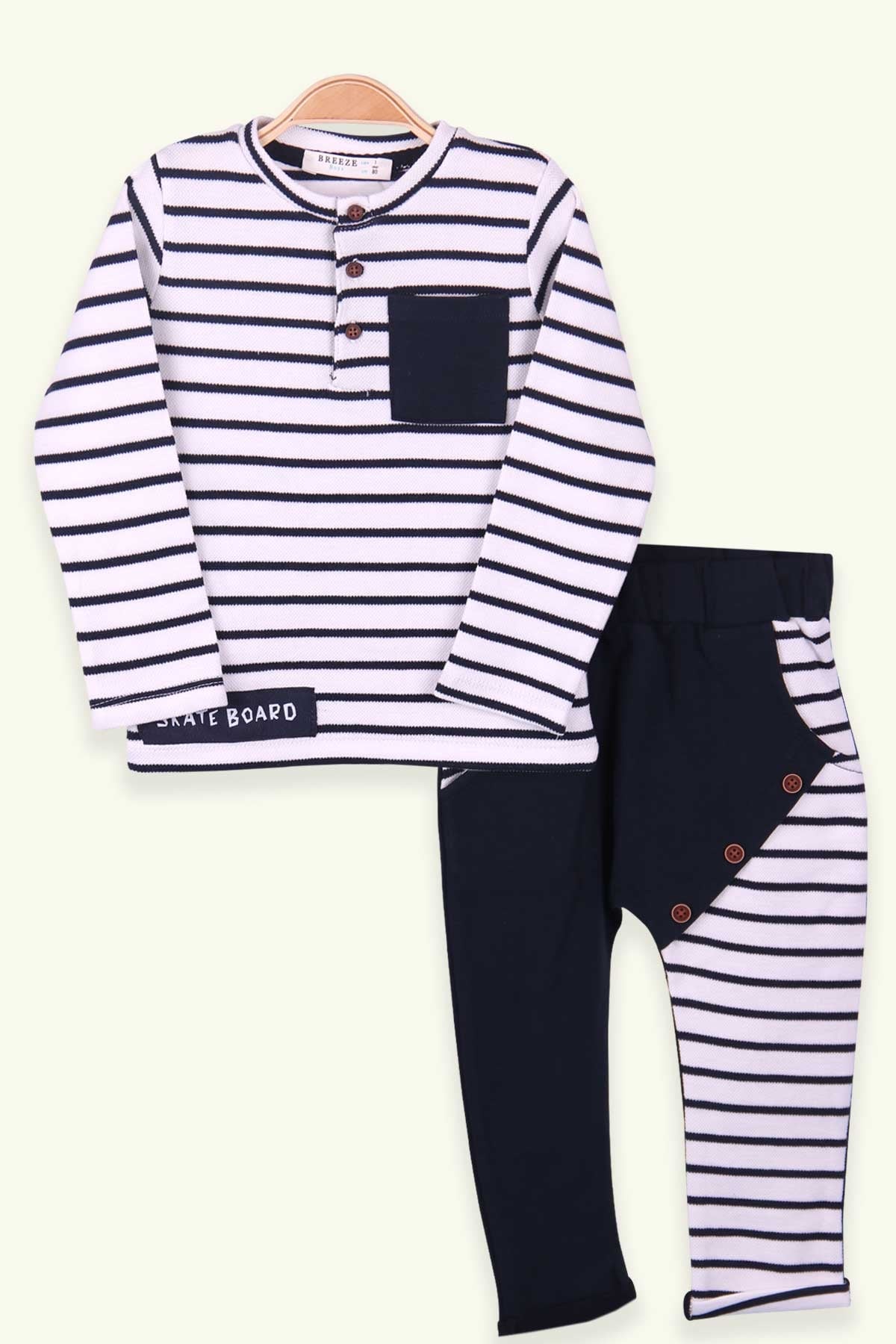 Breeze Erkek Bebek Eşofman Takımı Çizgili Beyaz (9 Ay-3 Yaş)