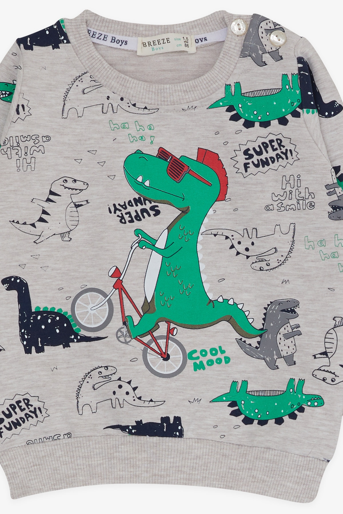 Breeze Erkek Bebek Eşofman Takımı Dinozor Baskılı Bej Melanj (9 Ay-1.5 Yaş)
