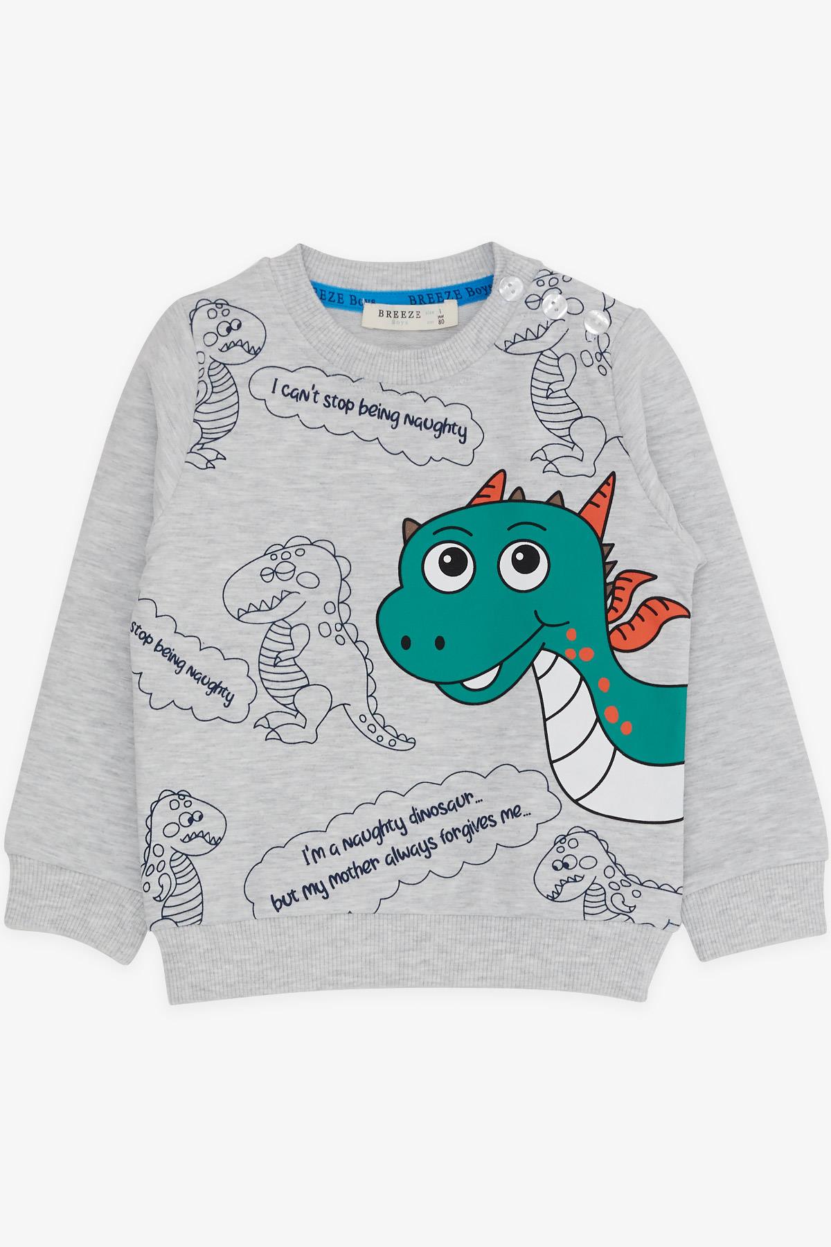 Breeze Erkek Bebek Eşofman Takımı Dinozor Desenli Açık Gri Melanj (1 Yaş)