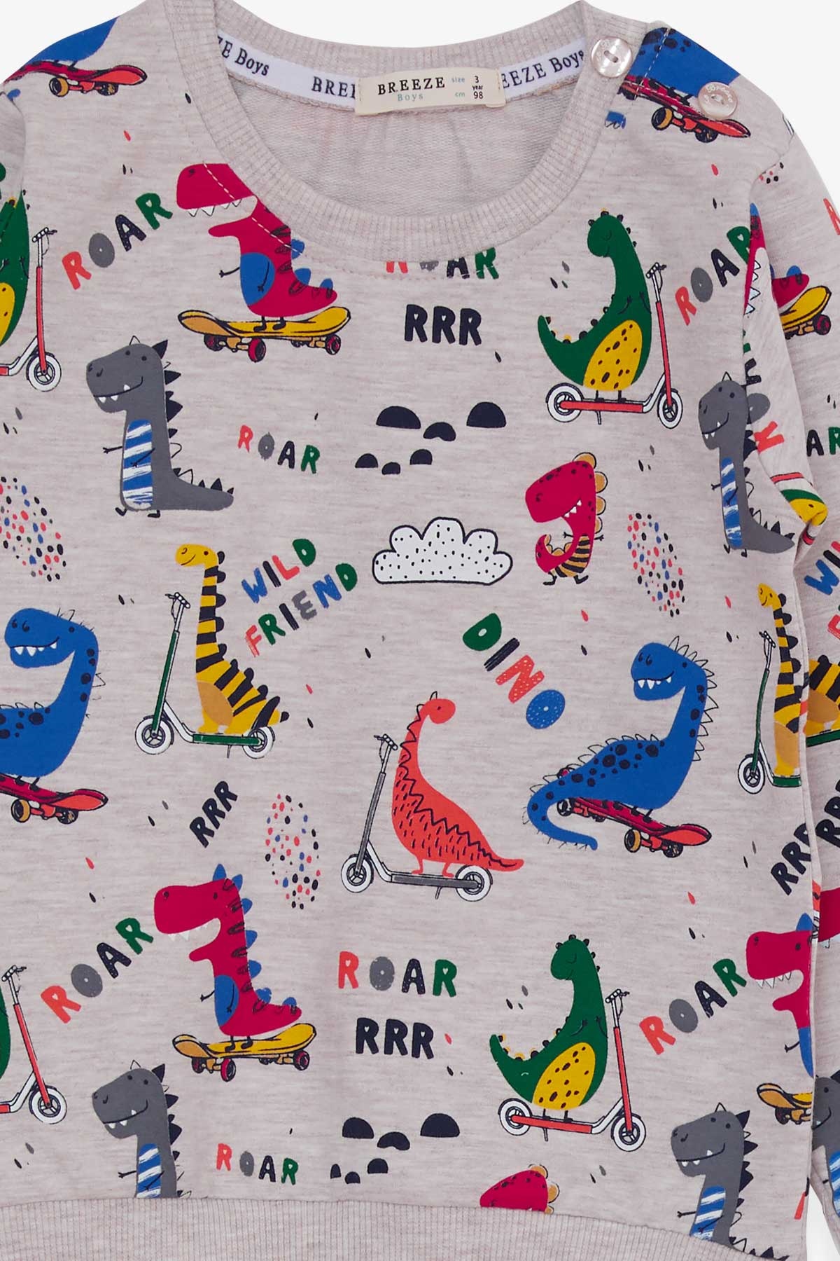 Breeze Erkek Bebek Eşofman Takımı Dinozor Baskılı Bej Melanj (1.5 Yaş)
