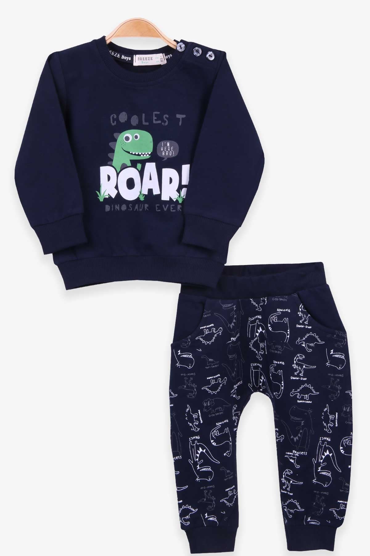 Breeze Erkek Bebek Eşofman Takımı Dinozor Baskılı Lacivert (9 Ay-3 Yaş)