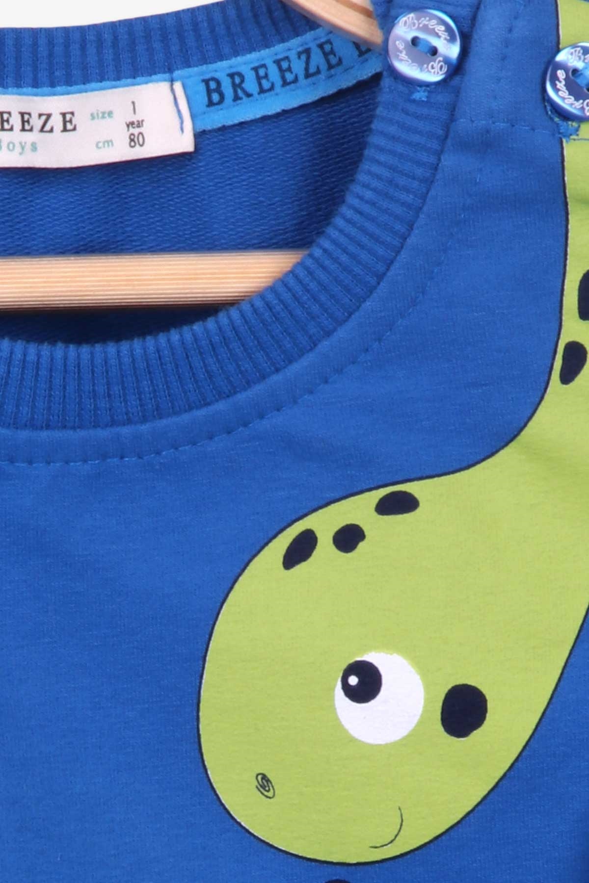 Breeze Erkek Bebek Eşofman Takımı Dinozor Baskılı Saks Mavisi (9 Ay-3 Yaş)