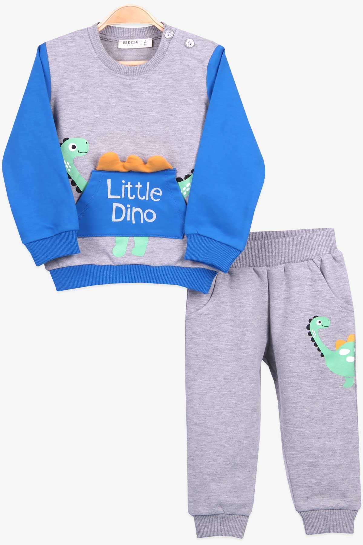 Breeze Erkek Bebek Eşofman Takımı Dinozor Baskılı Gri Melanj (9 Ay-4 Yaş)