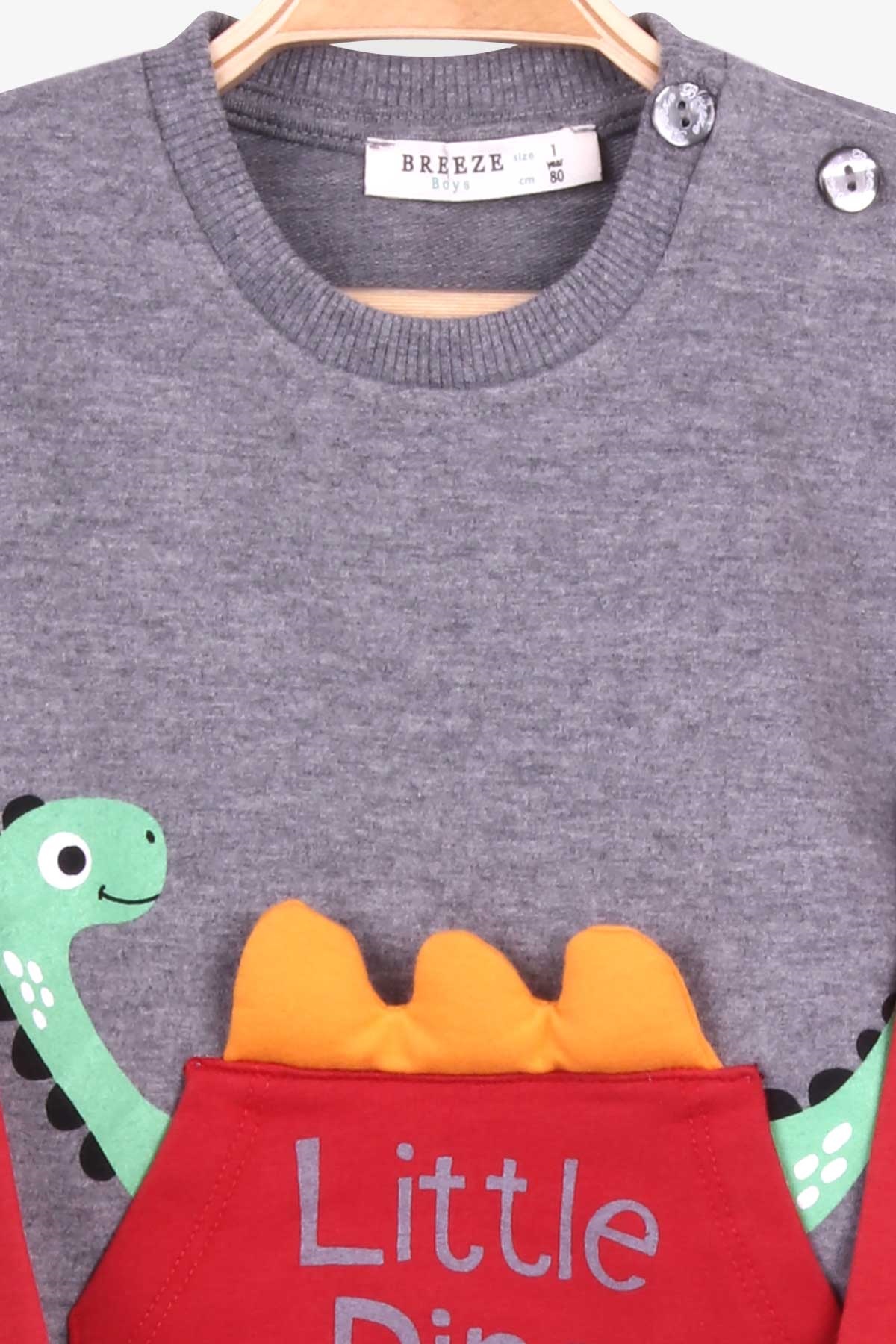 Breeze Erkek Bebek Eşofman Takımı Dinozor Baskılı Koyu Gri Melanj (9 Ay-3 Yaş)