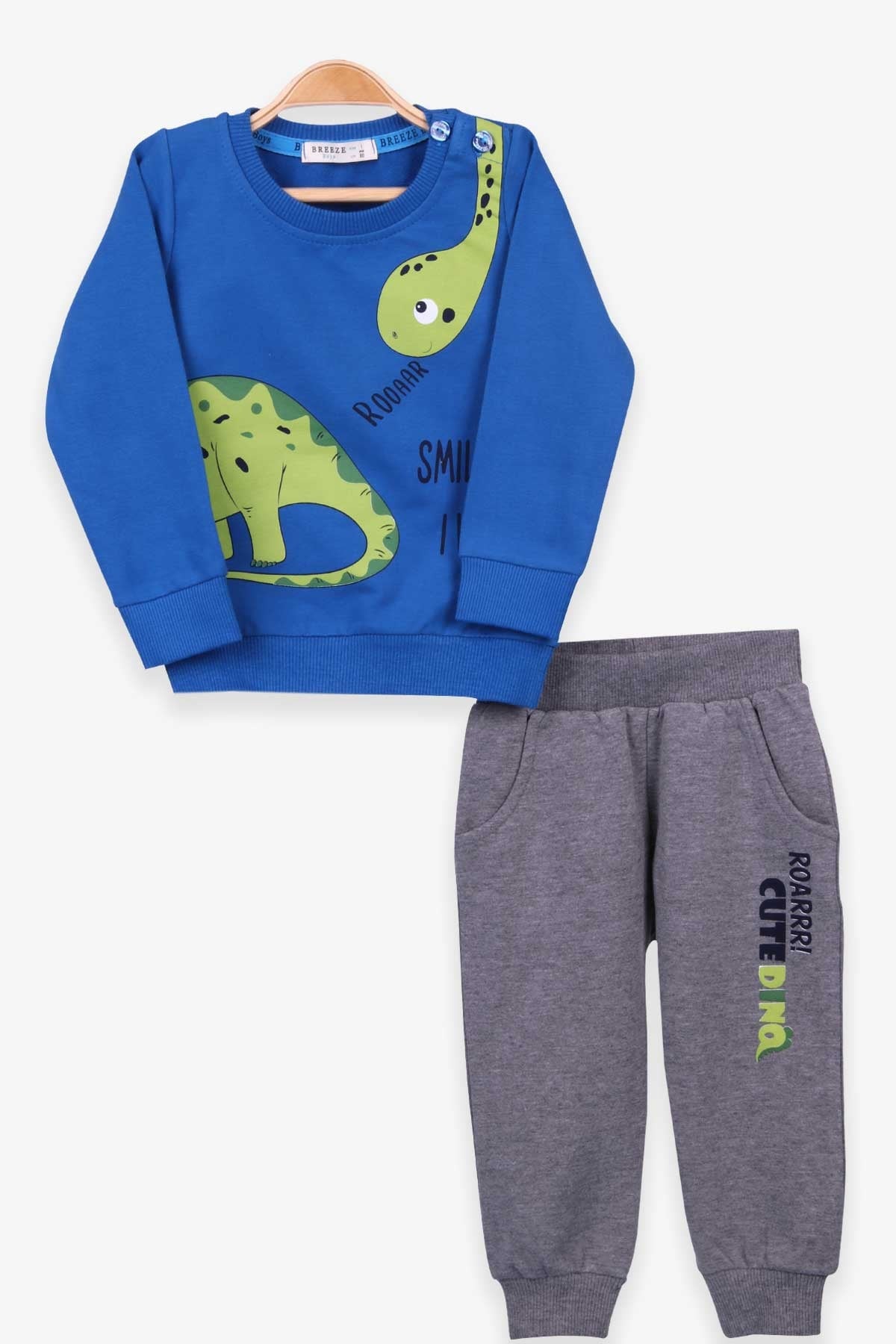Breeze Erkek Bebek Eşofman Takımı Dinozor Baskılı Saks Mavisi (9 Ay-3 Yaş)