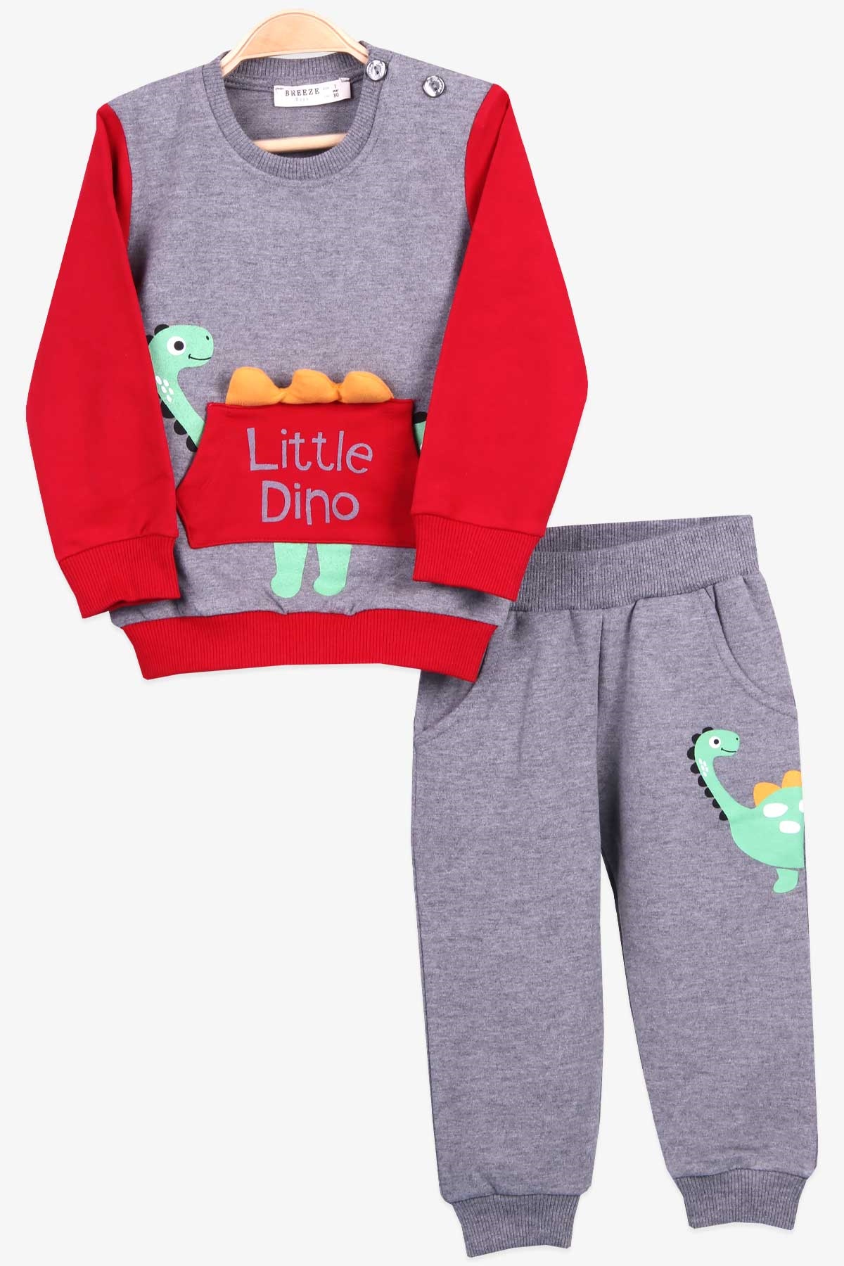 Breeze Erkek Bebek Eşofman Takımı Dinozor Baskılı Koyu Gri Melanj (9 Ay-3 Yaş)