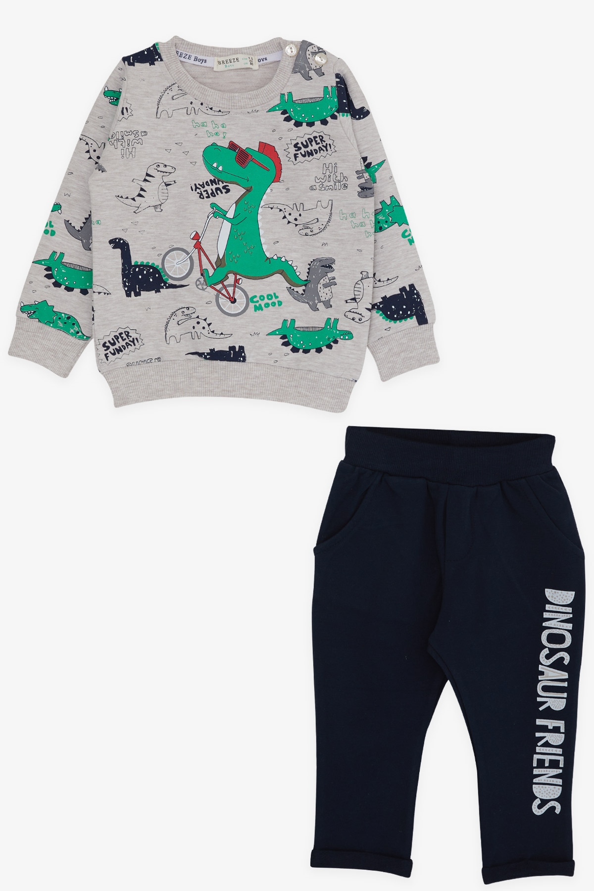 Breeze Erkek Bebek Eşofman Takımı Dinozor Baskılı Bej Melanj (9 Ay-1.5 Yaş)