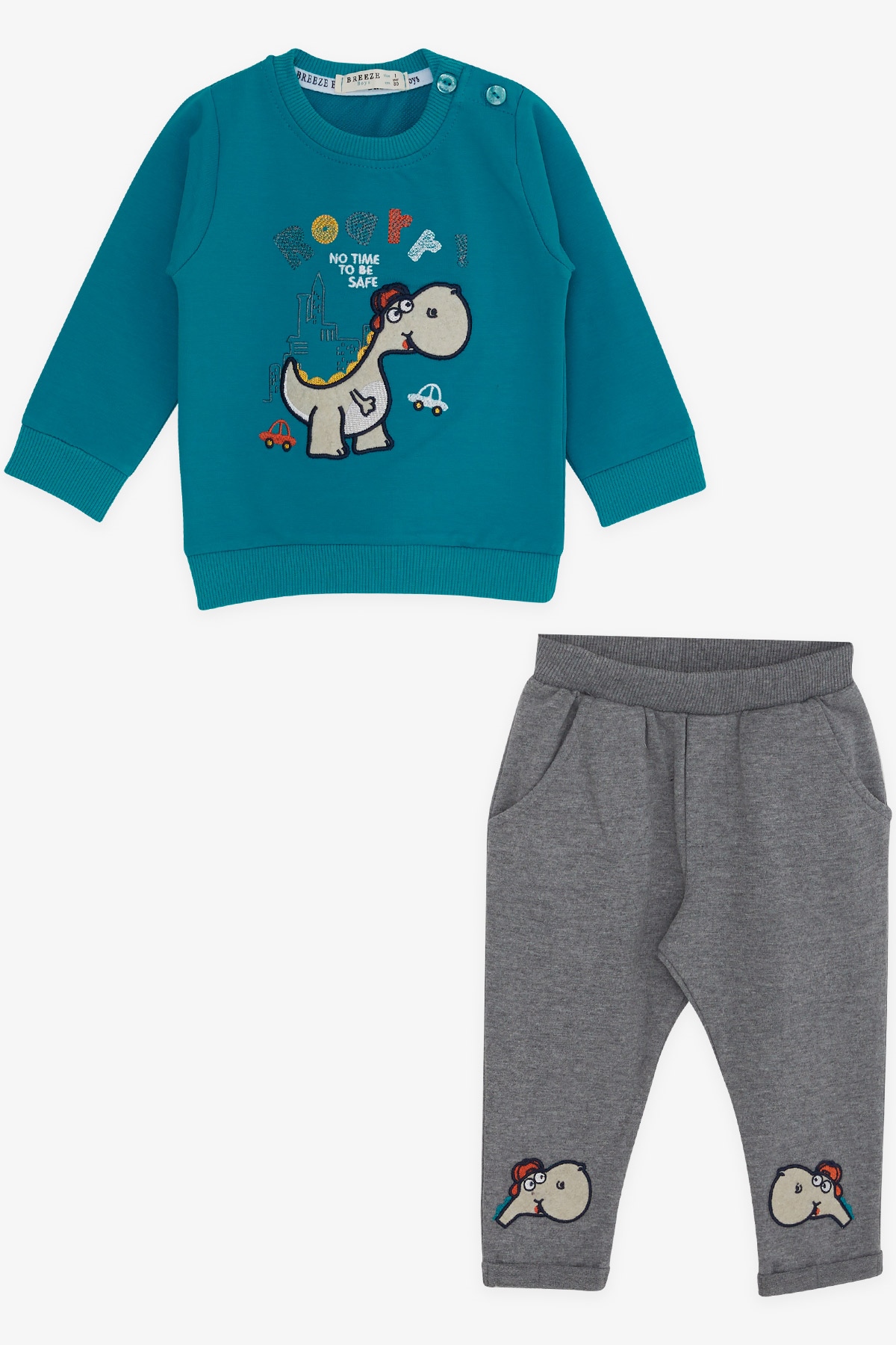Breeze Erkek Bebek Eşofman Takımı Dinozor Nakışlı Turkuaz (6 Ay-2 Yaş)