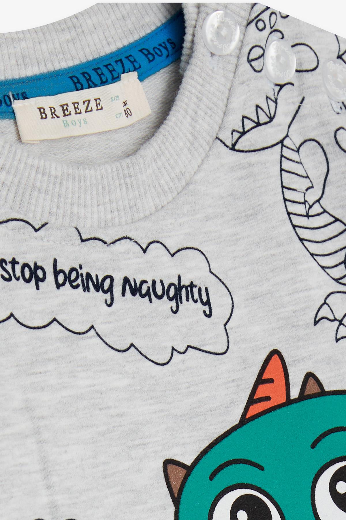 Breeze Erkek Bebek Eşofman Takımı Dinozor Desenli Açık Gri Melanj (1 Yaş)