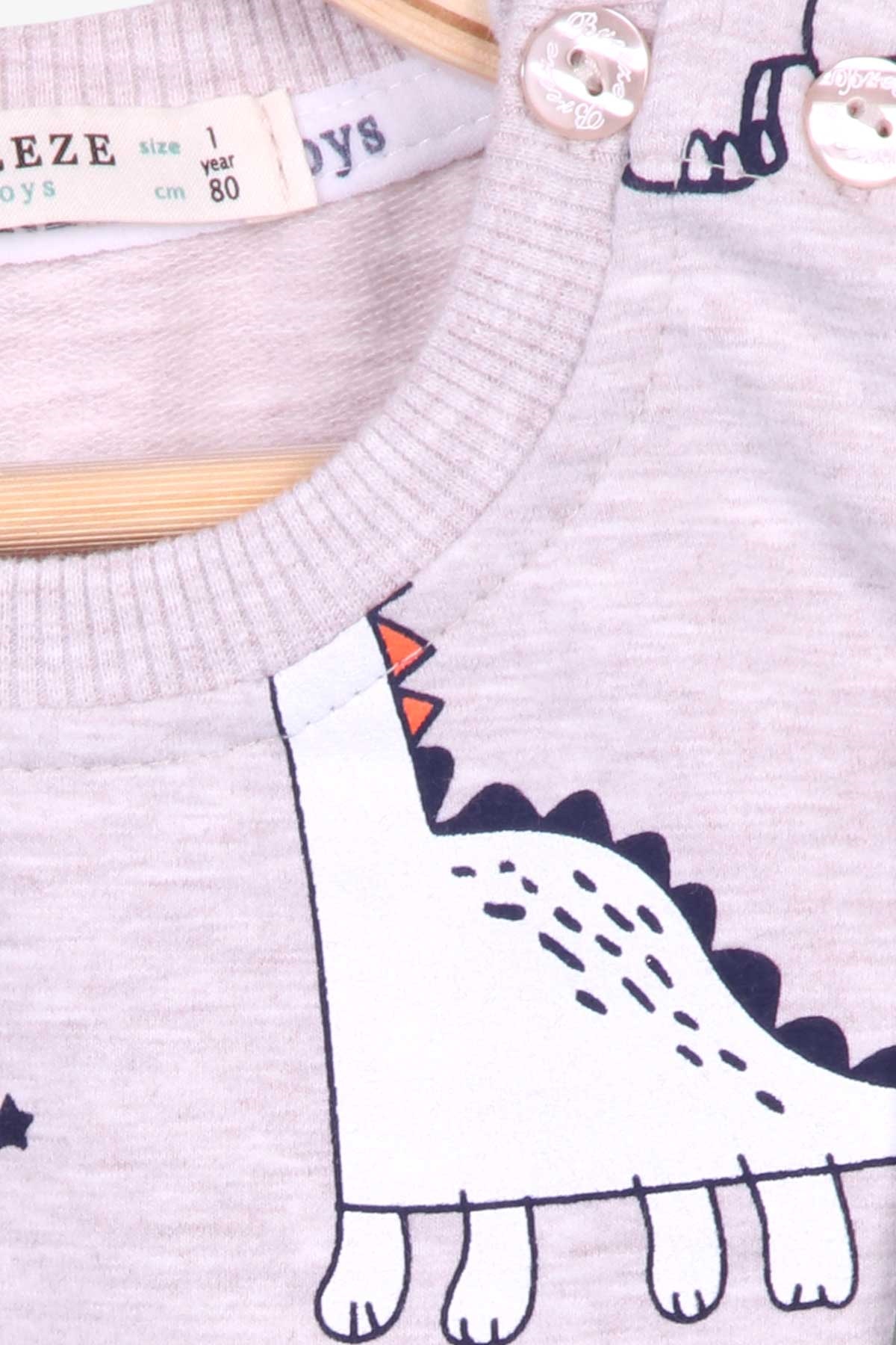 Breeze Erkek Bebek Eşofman Takımı Dinozor Baskılı Bej Melanj (9 Ay-3 Yaş)