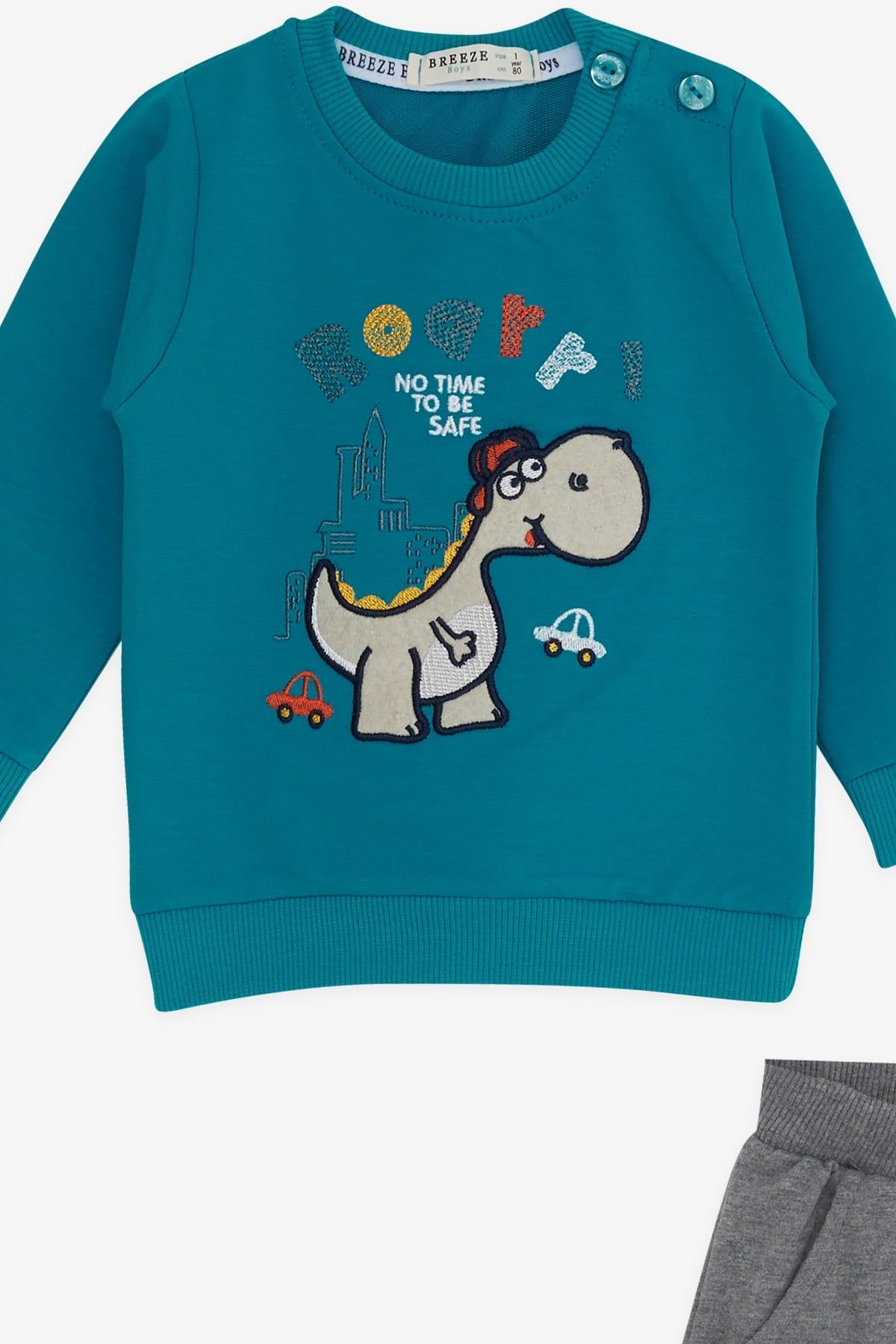 Breeze Erkek Bebek Eşofman Takımı Dinozor Nakışlı Turkuaz (6 Ay-2 Yaş)
