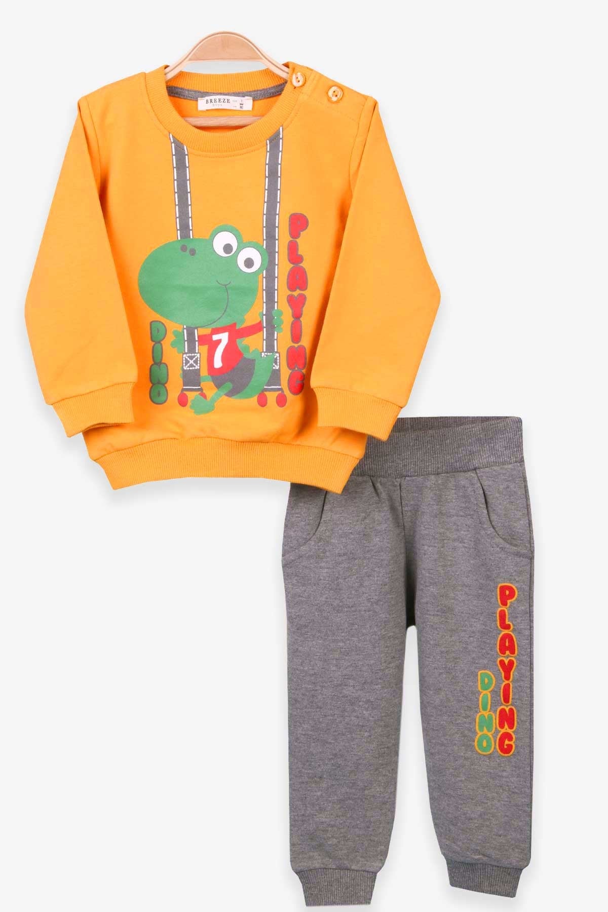 Breeze Erkek Bebek Eşofman Takımı Dinozor Baskılı Hardal Sarı (9 Ay-3 Yaş)