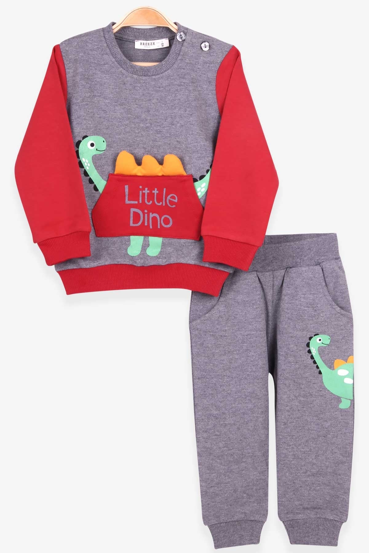 Breeze Erkek Bebek Eşofman Takımı Dinozor Baskılı Koyu Gri Melanj (9 Ay-3 Yaş)