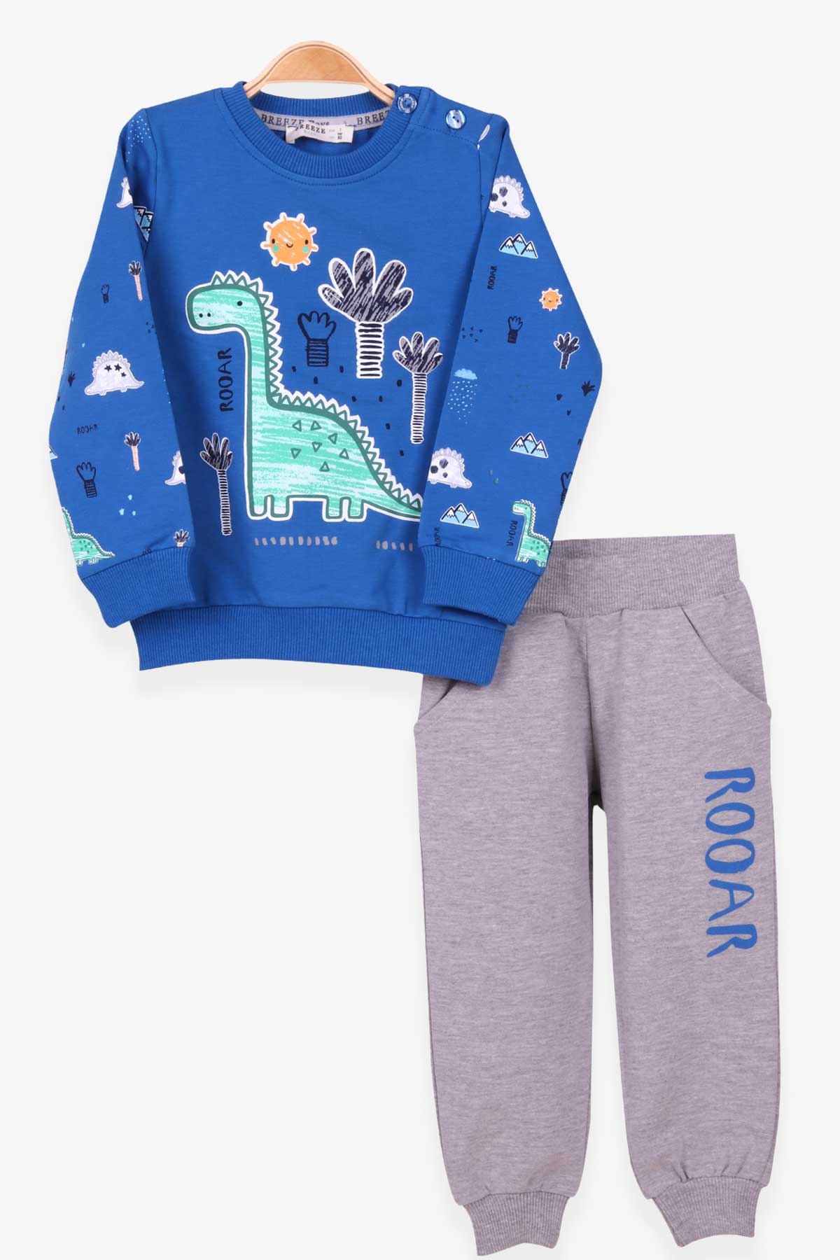Breeze Erkek Bebek Eşofman Takımı Dinozor Desenli Saks Mavisi (6 Ay-2 Yaş)