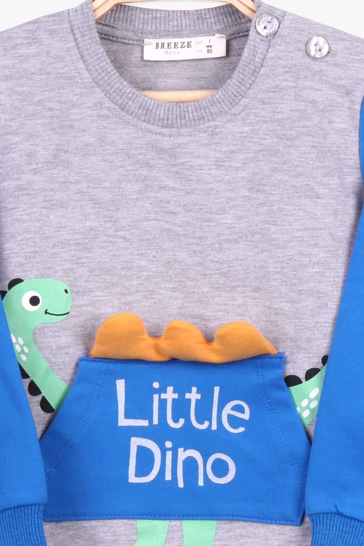 Breeze Erkek Bebek Eşofman Takımı Dinozor Baskılı Gri Melanj (9 Ay-4 Yaş)