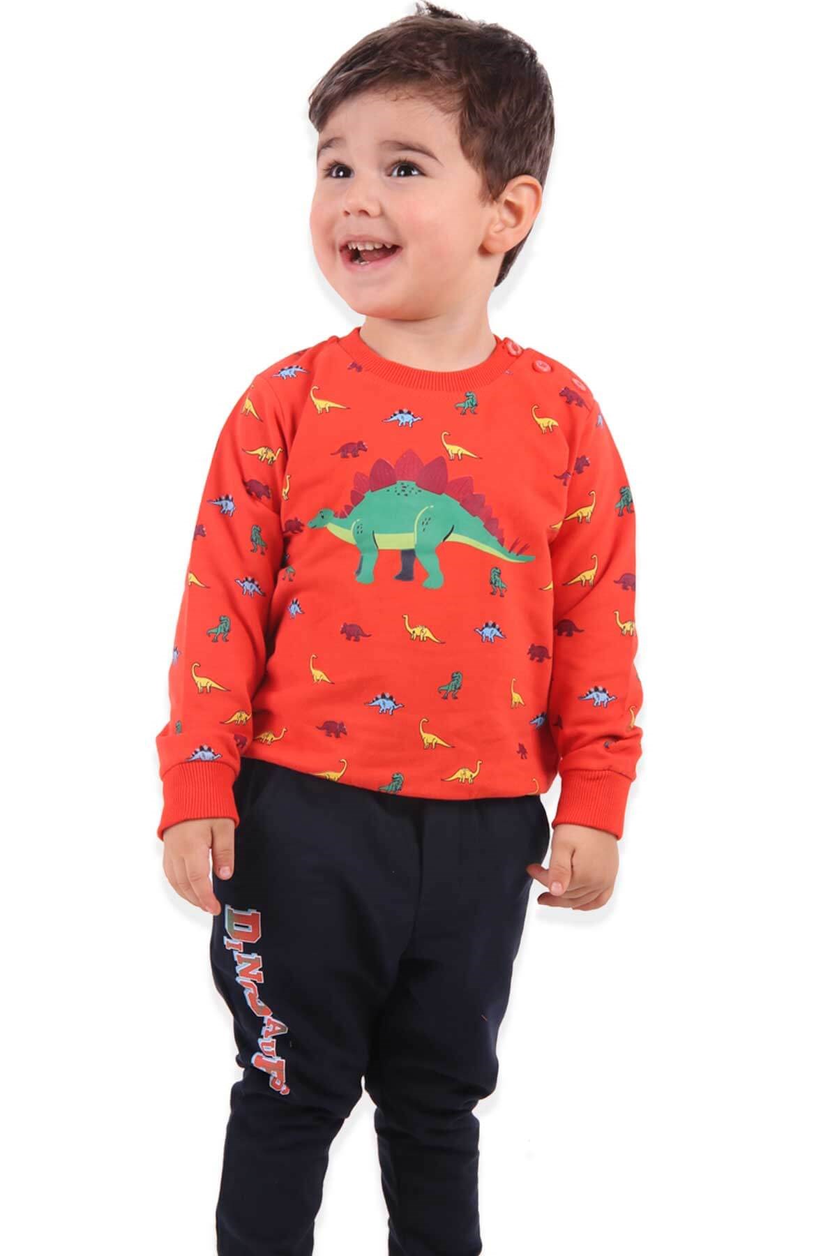 BREEZE Erkek Bebek Eşofman Takımı Dinozorlu Turuncu (9 Ay-3 Yaş)